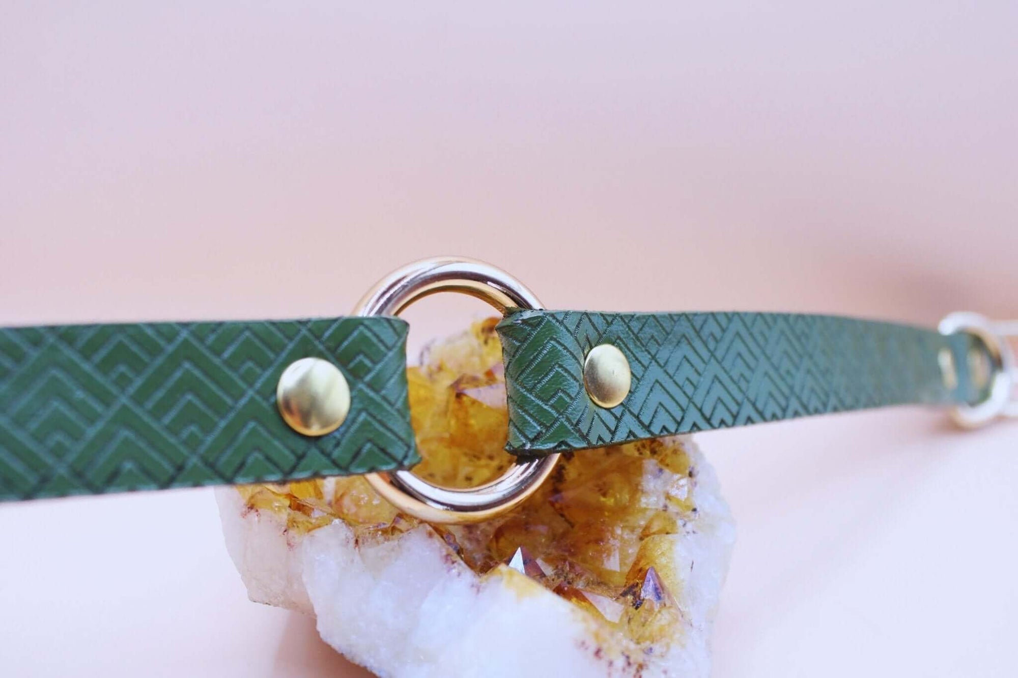Deep forest green geometric pattern leather collar with metal O-ring, perfect for BDSM, submissive jewelry, and discreet day wear.