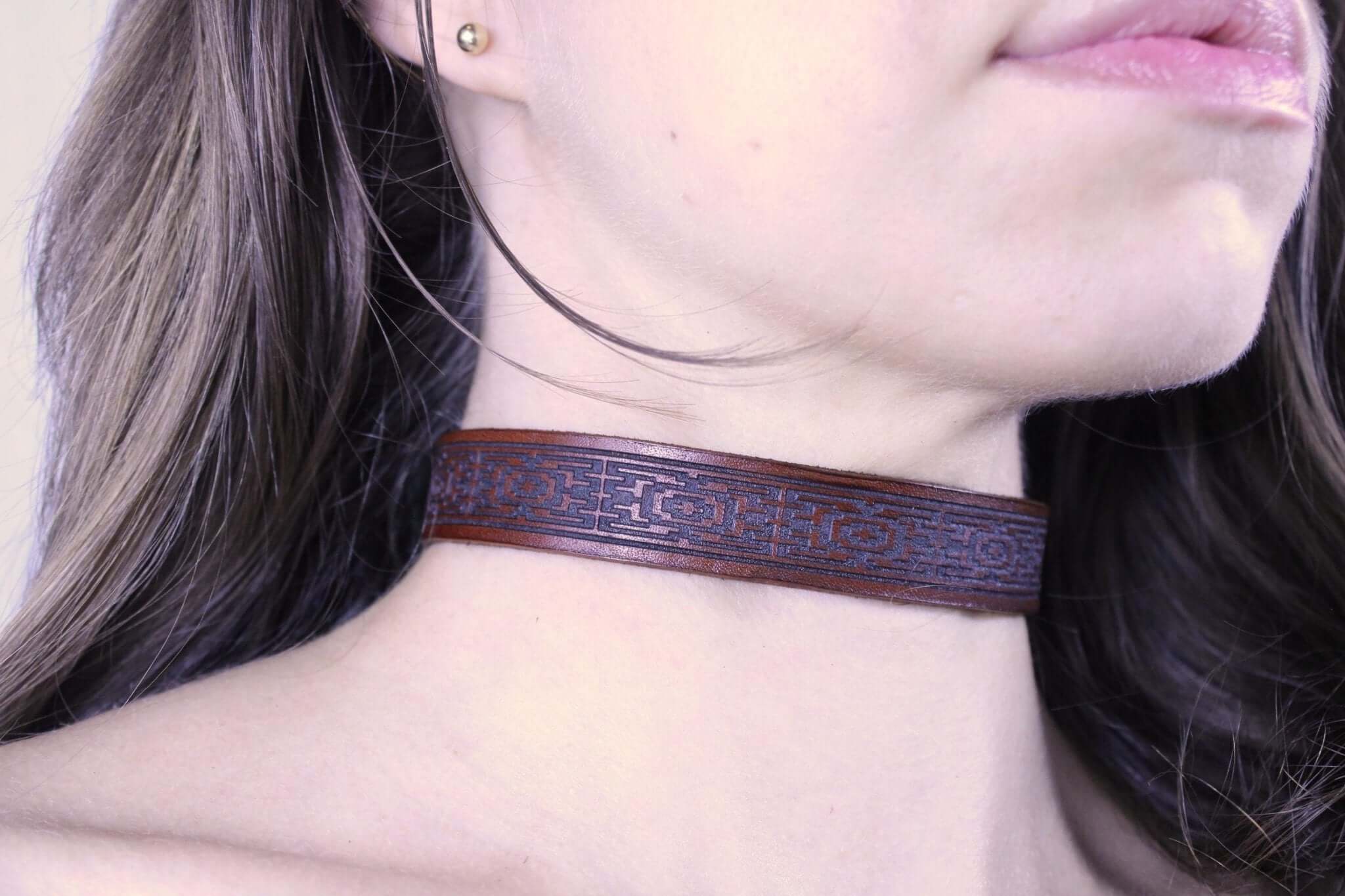 Handcrafted leather sub collar, perfect for BDSM and submissive jewelry, featuring a stylish geometric pattern.