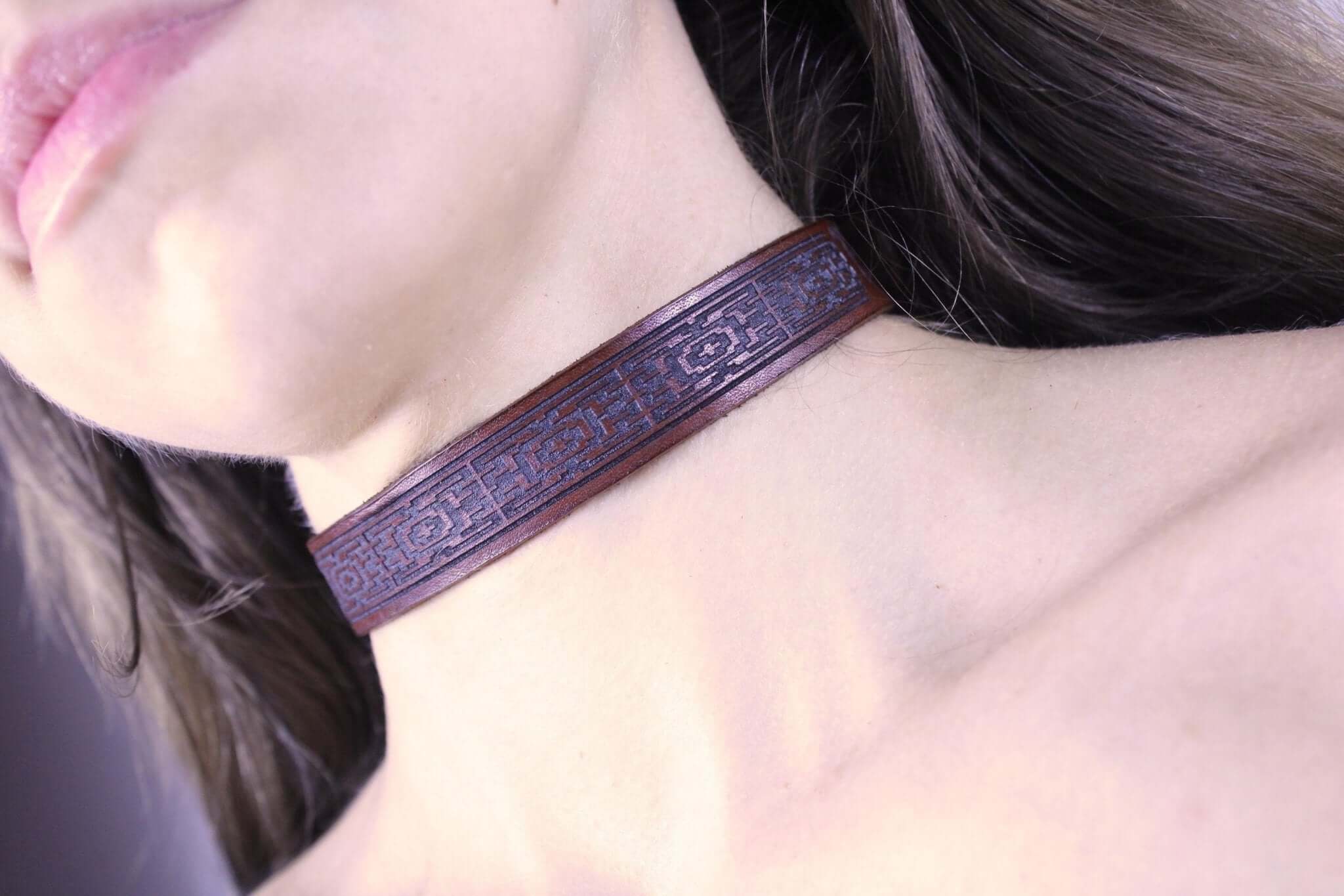 Leather sub collar with geometric pattern, perfect for BDSM, submissive jewelry, and dom sub gifts.