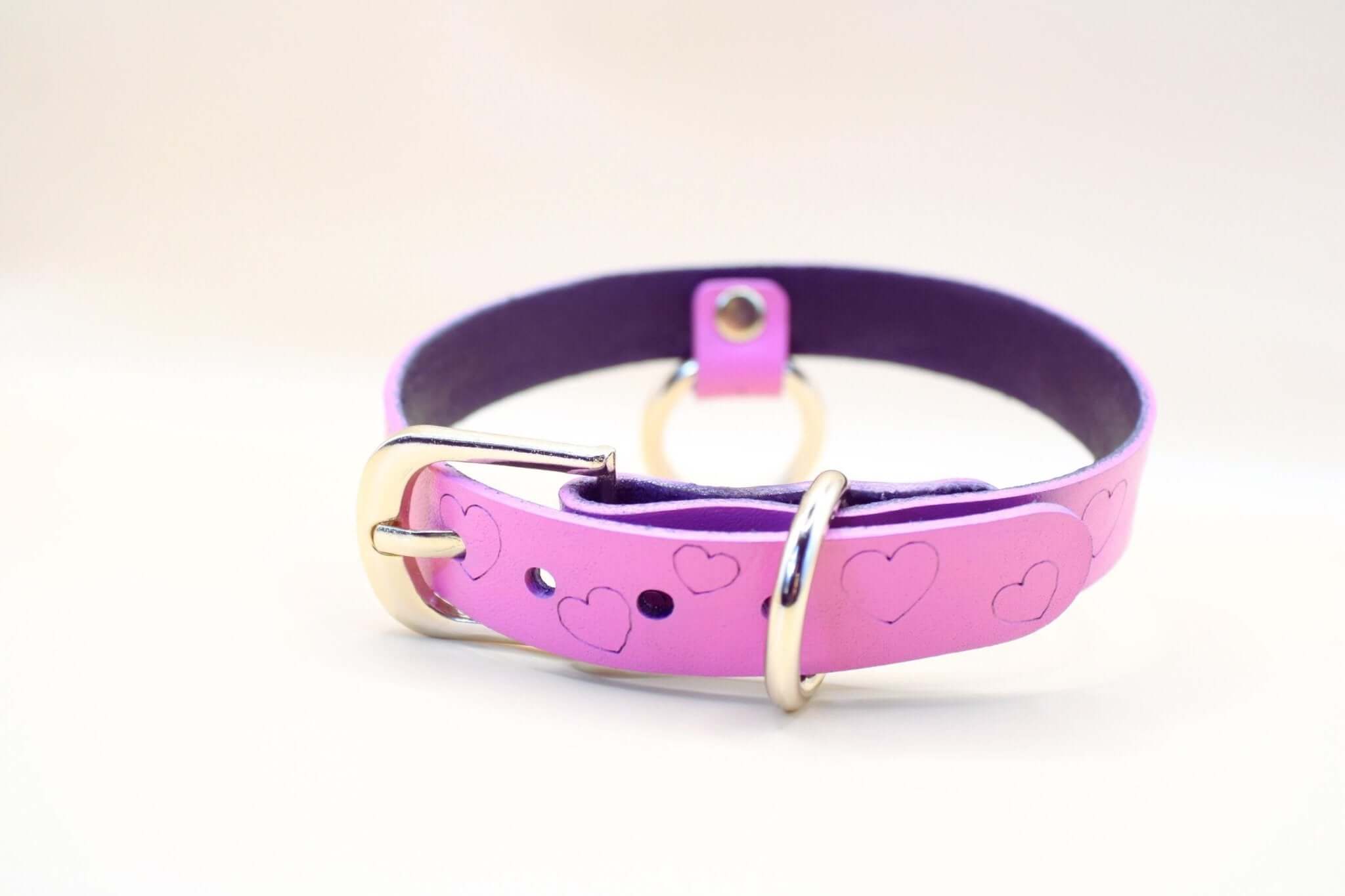 Heart Print BDSM Collar in pink, handcrafted leather, perfect as a submissive collar or discreet day collar for bondage gear.