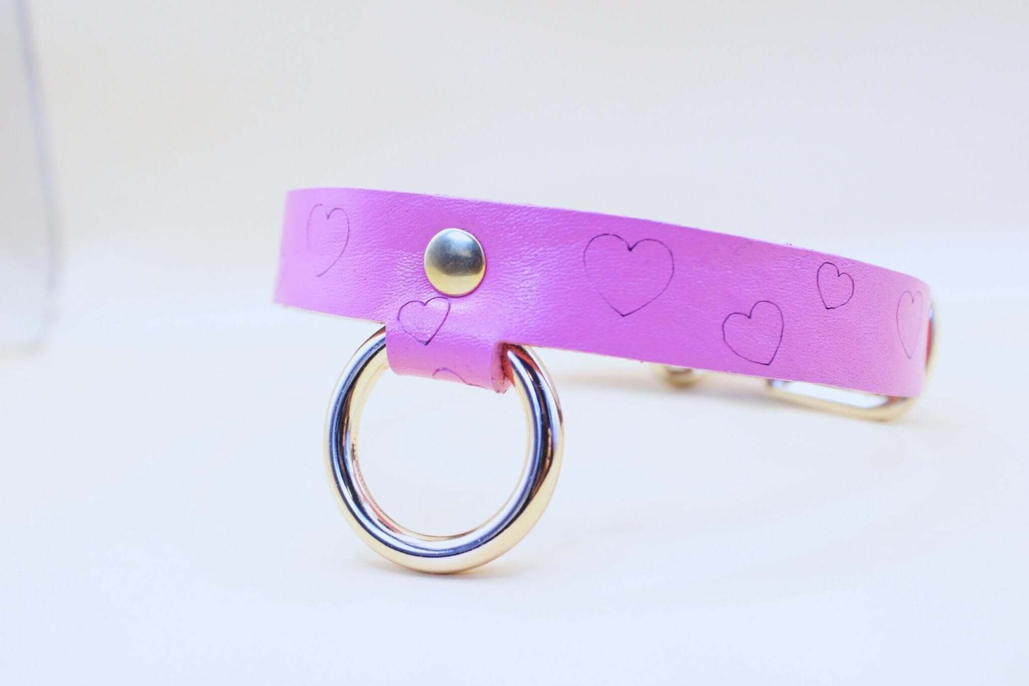 Pink heart print BDSM collar, handmade sub collar for playful power exchange, perfect for submissive jewelry.