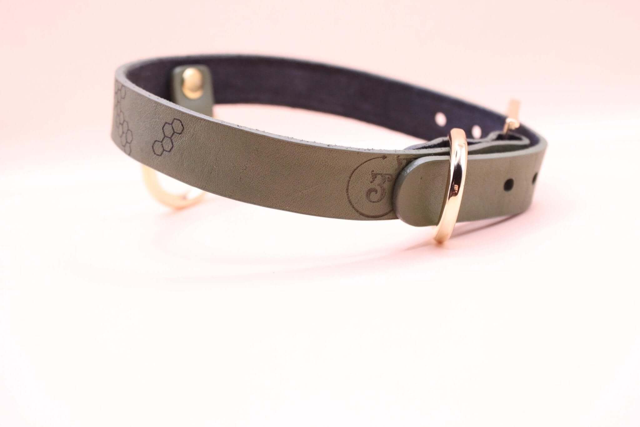 Honeycomb collar with gold O-ring, perfect for submissive jewelry lovers and BDSM dynamics.