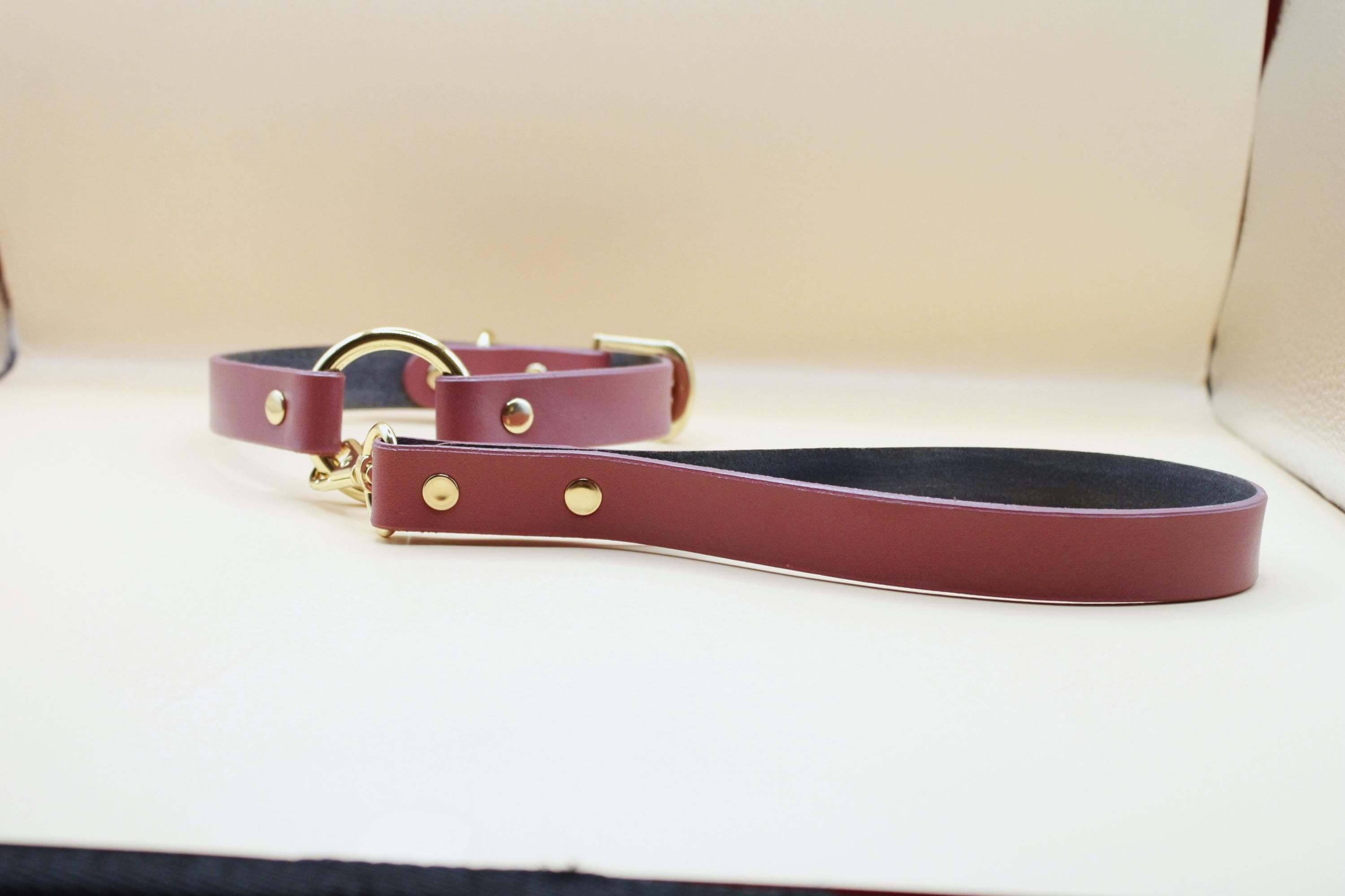 Discreet day collar leather choker in burgundy with gold hardware, ideal for BDSM and submissive jewelry.