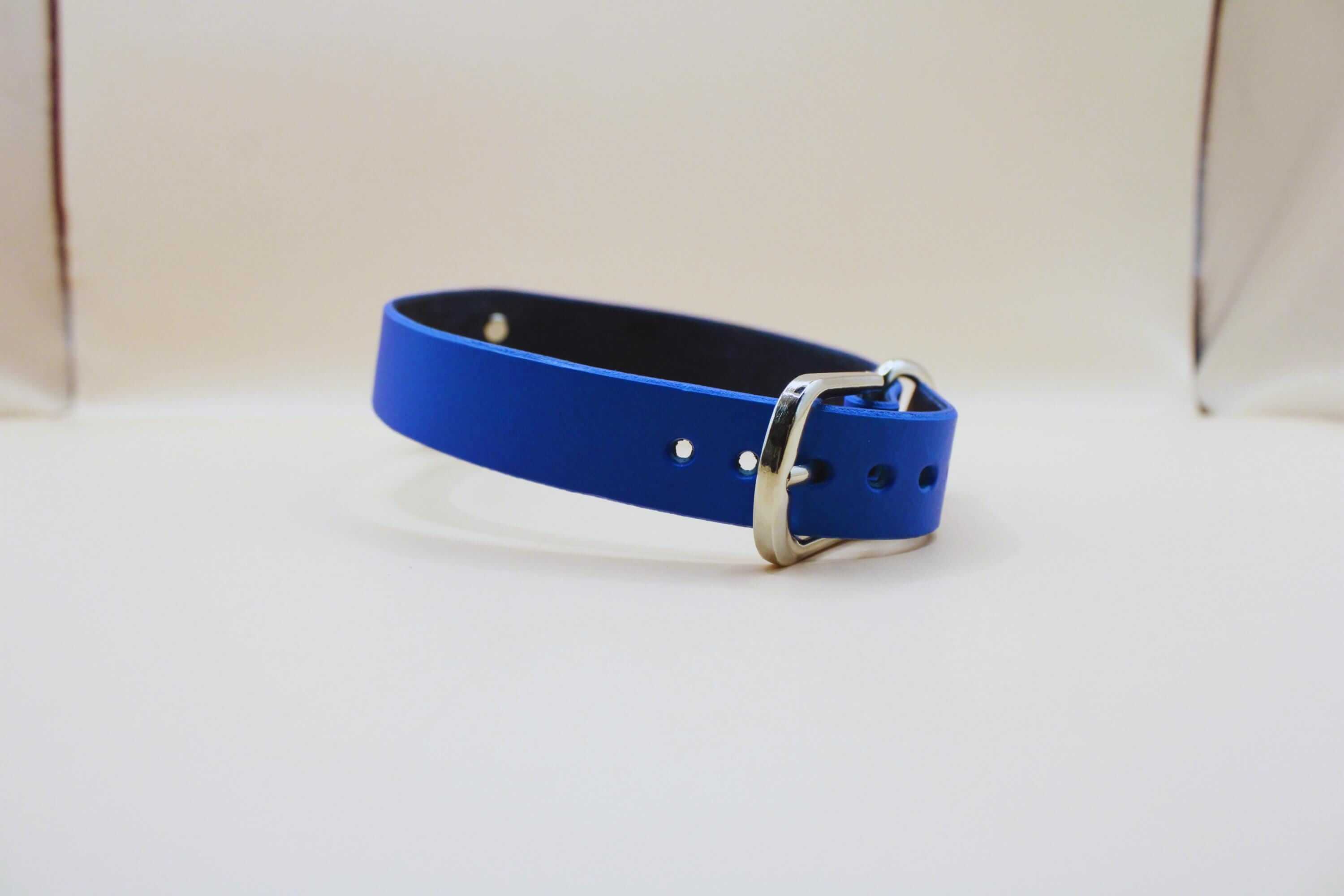 Blue leather submissive collar with silver buckle, perfect for discreet day wear and BDSM jewelry.
