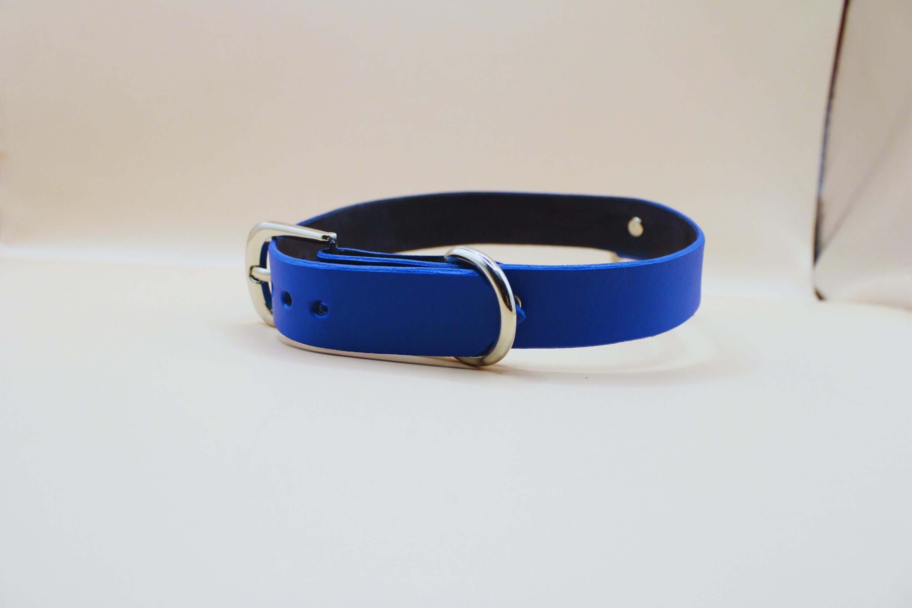 Blue leather submissive collar with a silver buckle, ideal for discreet day wear and BDSM jewelry.