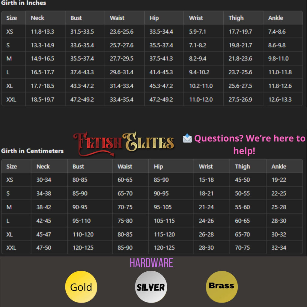 Sizing chart for BDSM bondage gear in inches and centimeters, including neck, bust, waist, hip, wrist, thigh, and ankle measurements.