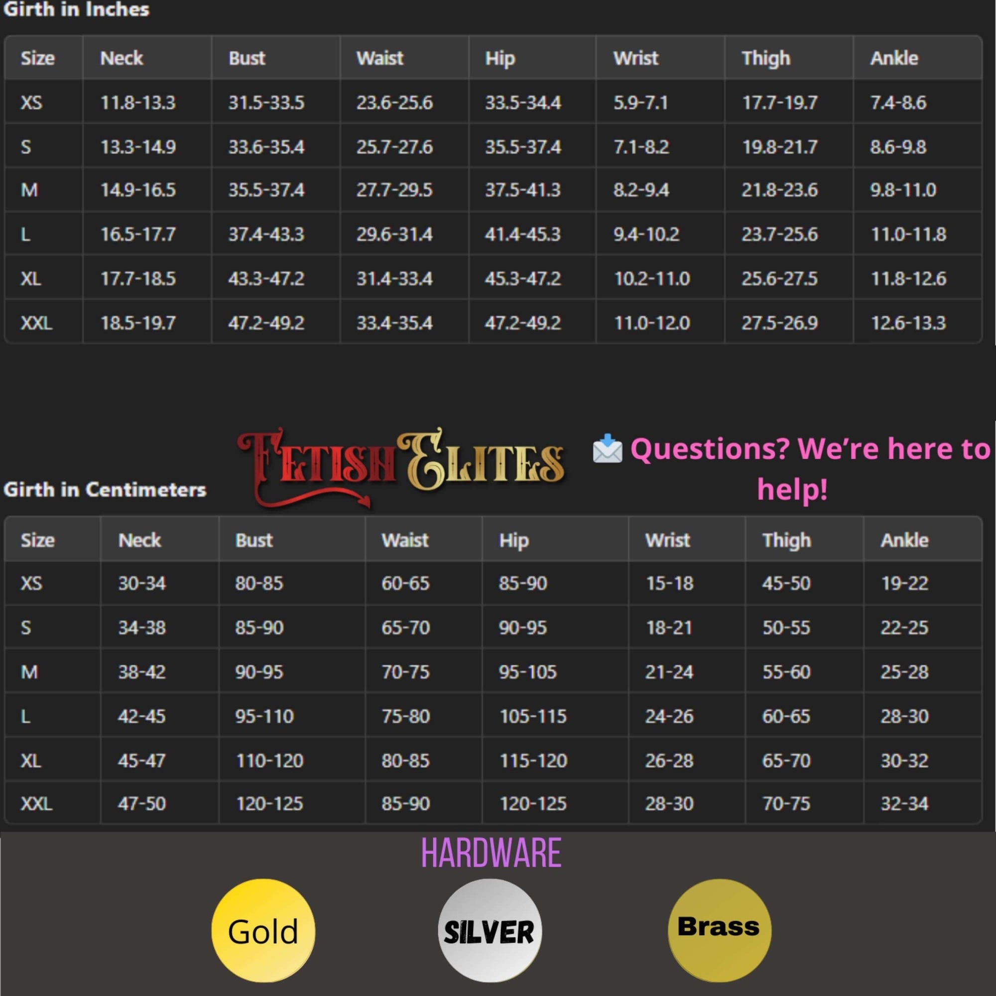 Sizing chart for BDSM bondage gear in inches and centimeters, including neck, bust, waist, hip, wrist, thigh, and ankle measurements.