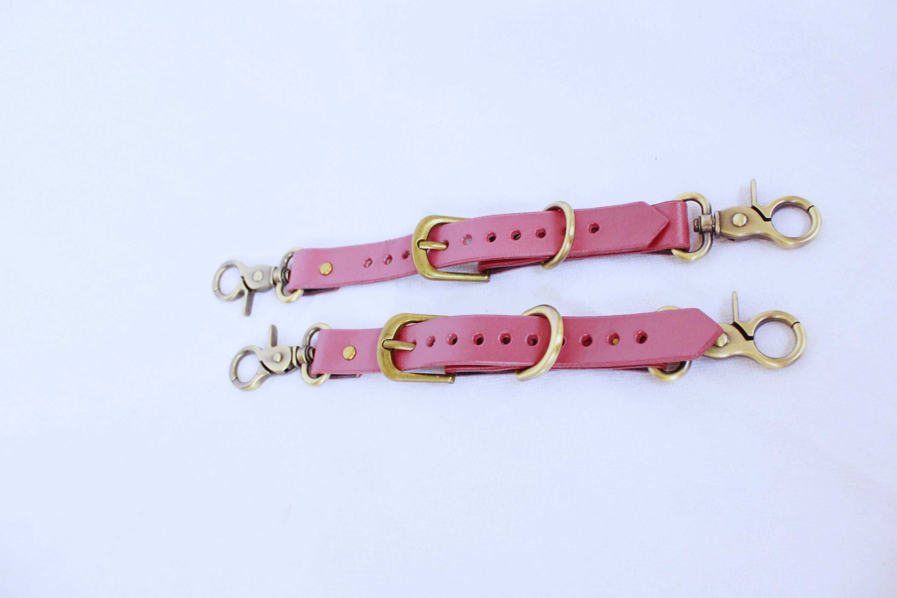 Adjustable BDSM Connector – Handmade Leather Restraint Strap with Brass Hardware in pink