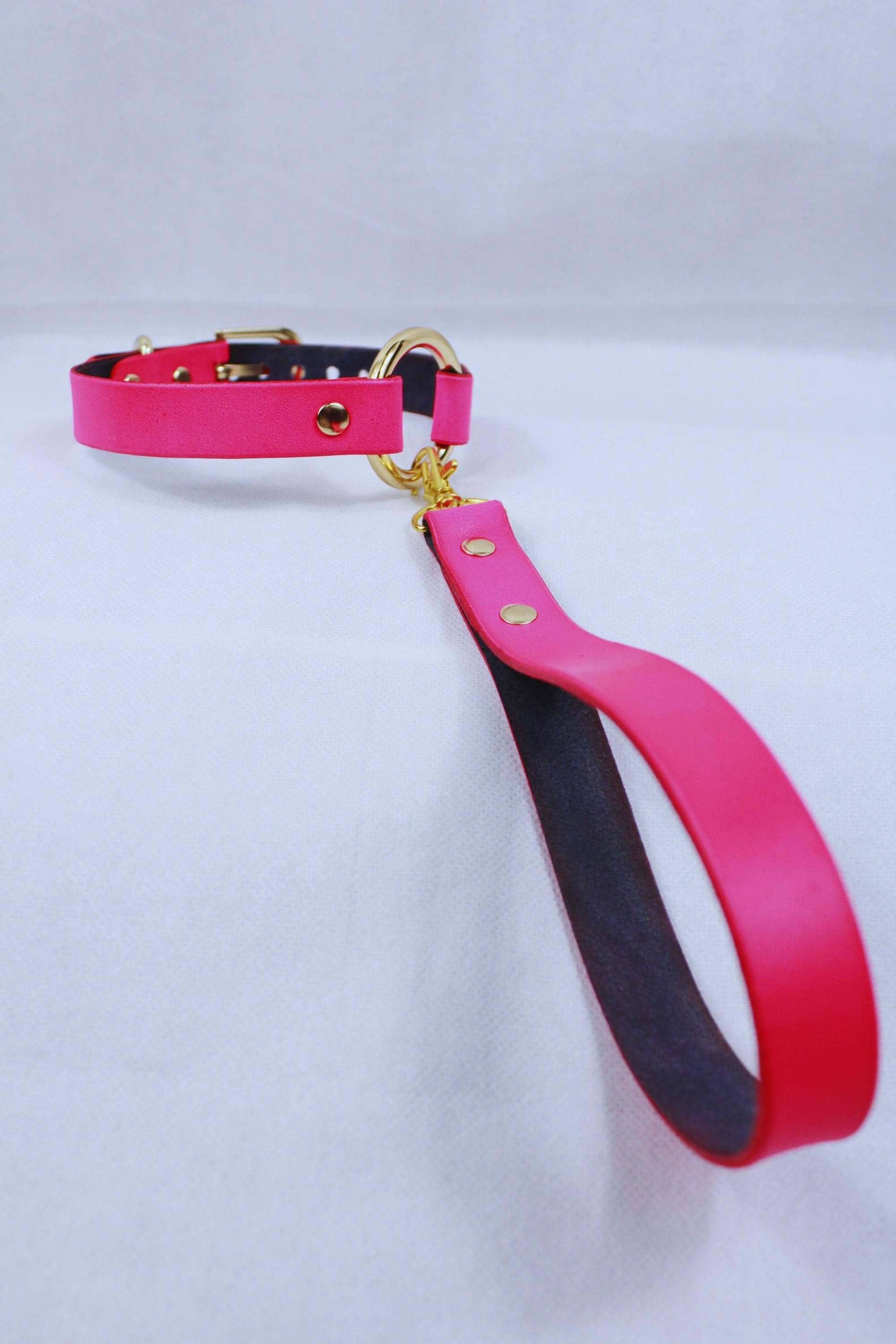 BDSM collar in vibrant pink, featuring gold accents, designed for submissive play and discreet daily wear.
