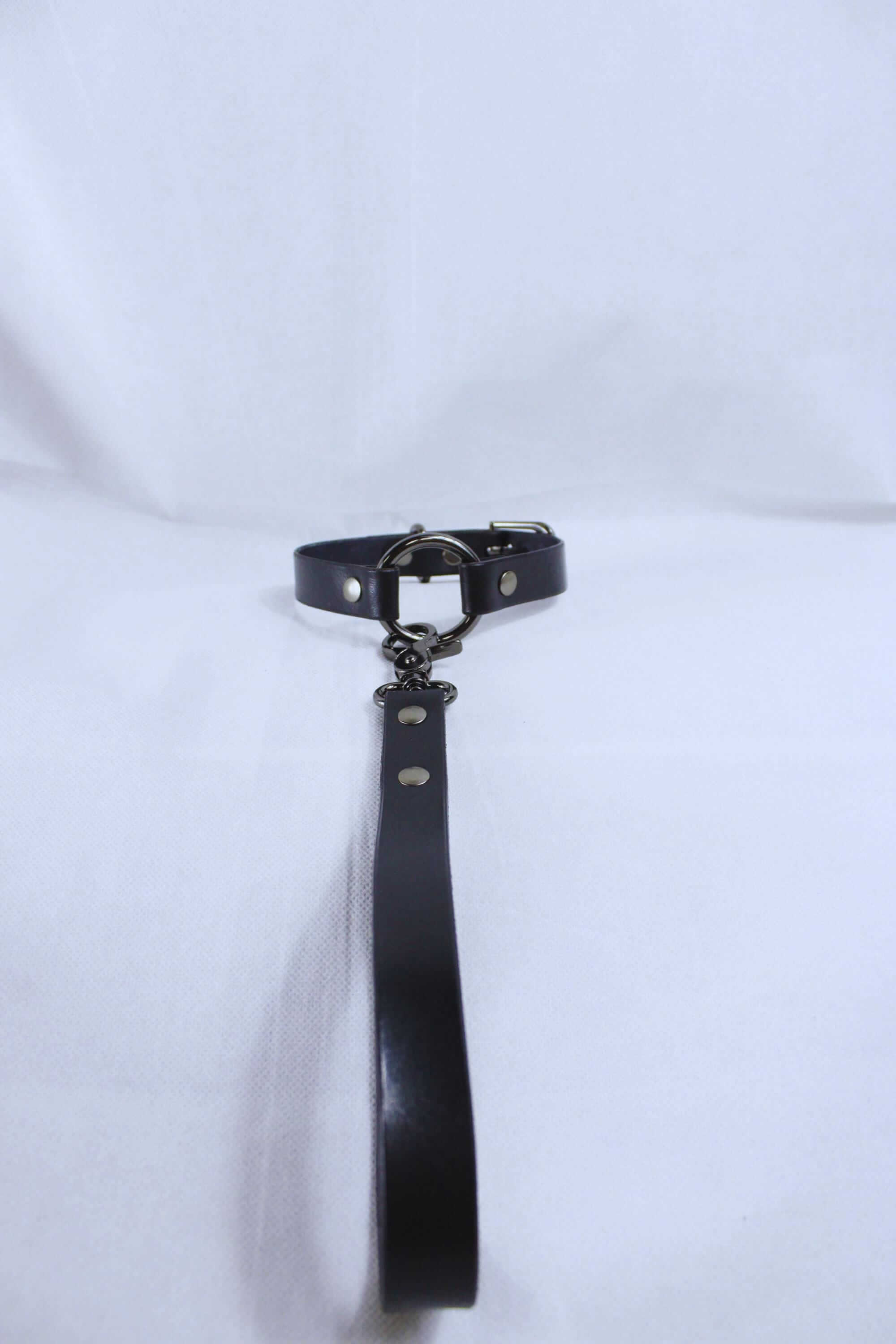 Bdsm leather collar with leash, a stylish submissive collar for bondage and discreet day wear.