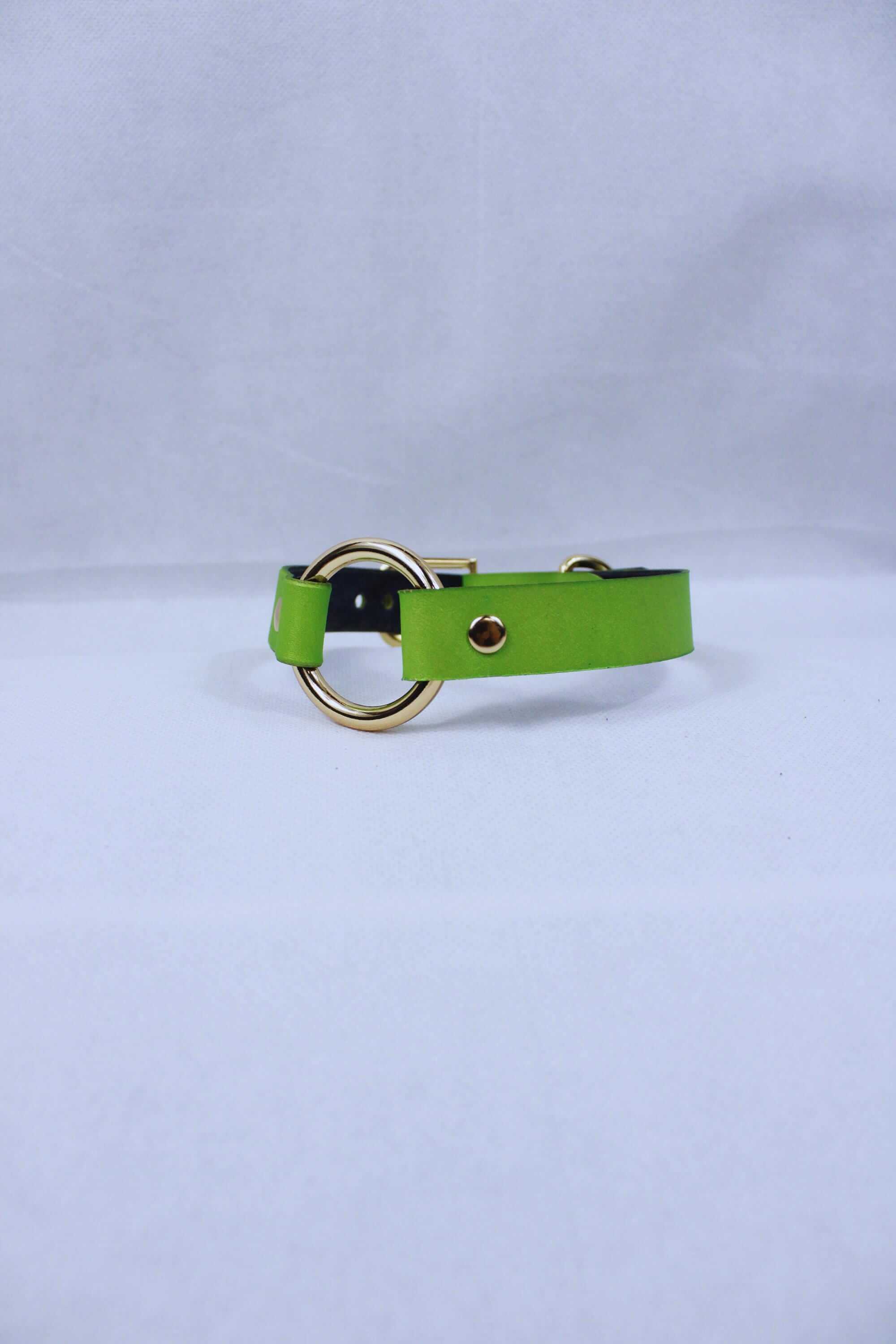 Submissive day collar set in pearl green, featuring a gold ring, perfect discreet BDSM jewelry and dom sub gifts.