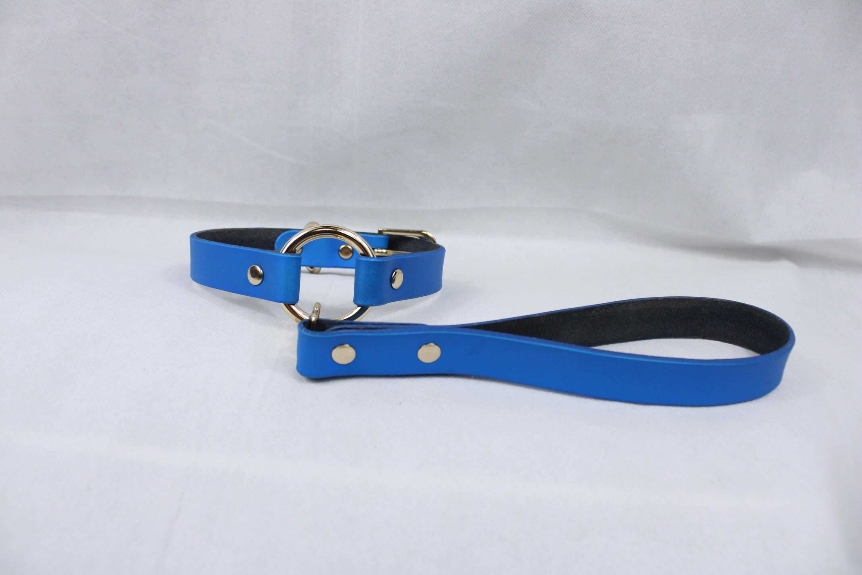 Submissive collar in pearl blue leather with gold accents, perfect for discreet everyday use and BDSM style.