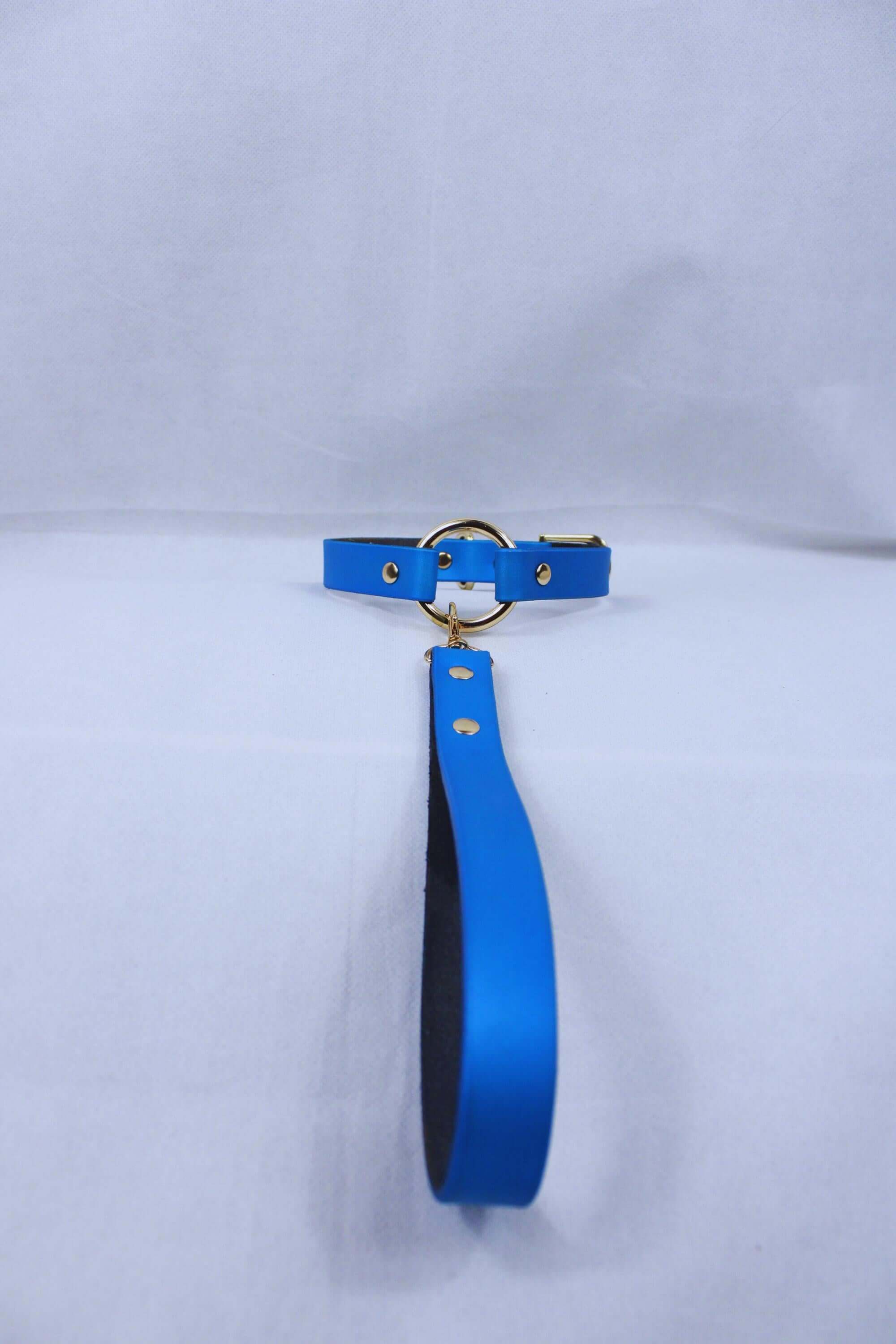 Pearl blue leather submissive collar with gold accents, perfect for BDSM and discreet day wear, complementing submissive jewelry.