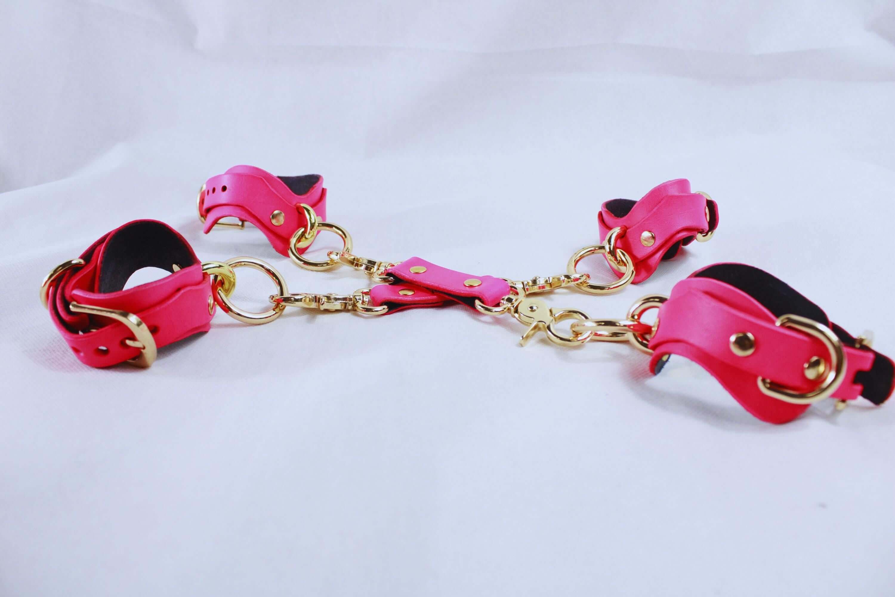 Premium pink leather BDSM bondage gear set with cuffs and golden hardware for submissive play.