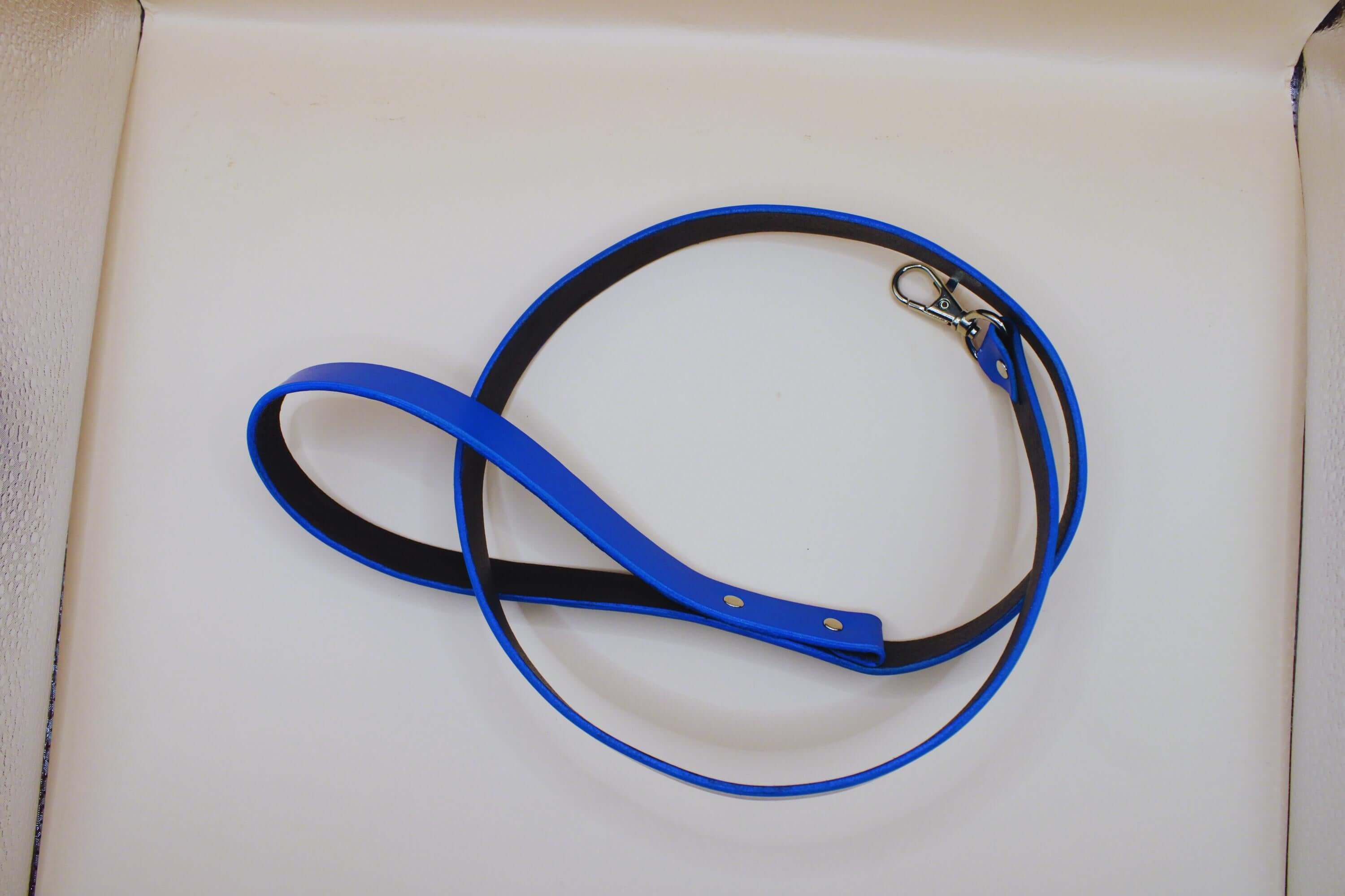 Blue leather leash for BDSM and bondage play, featuring sleek chrome hardware. Perfect for submissive and dom relationships.