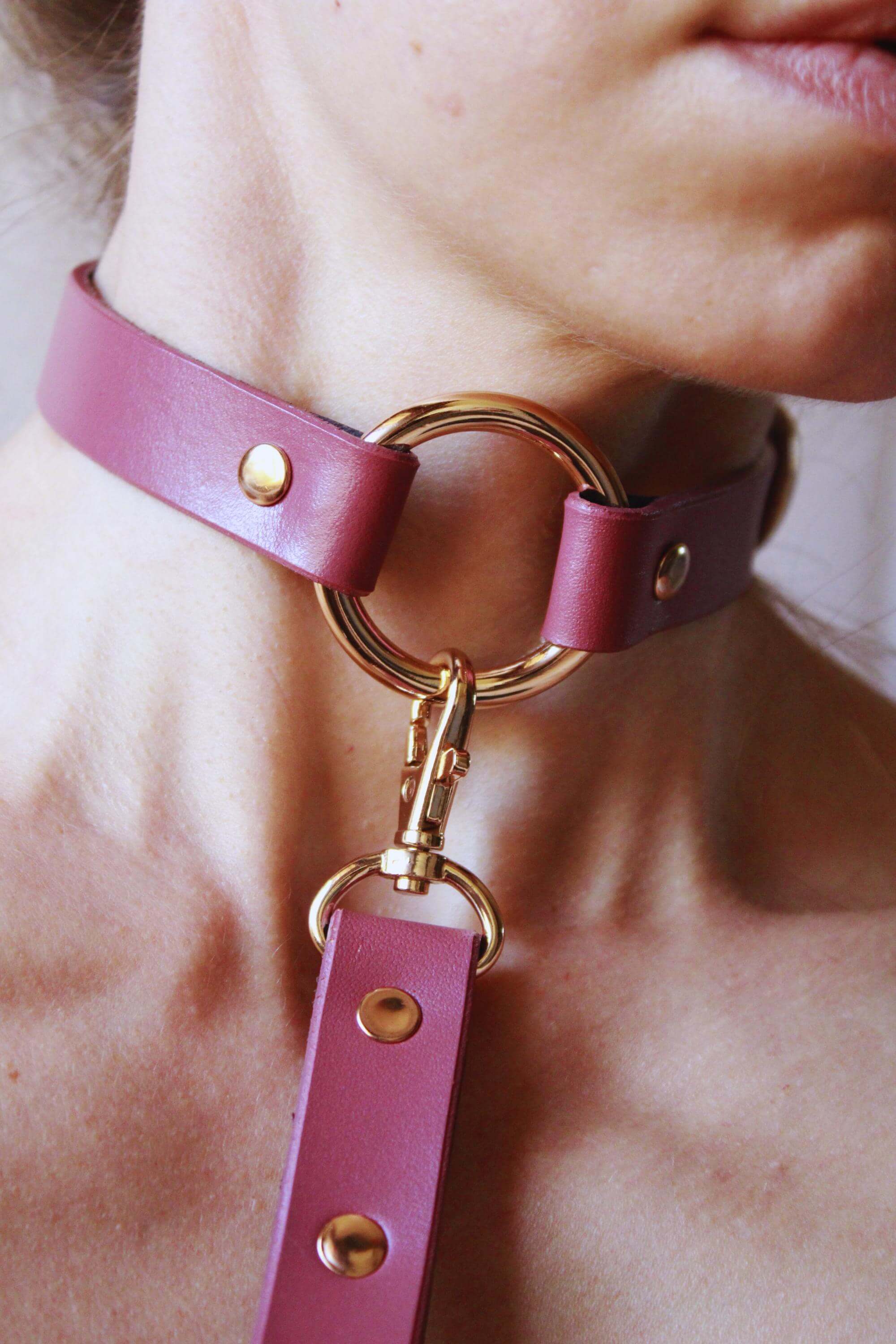 Mini BDSM leash attached to a stylish pink submissive collar, enhancing bondage gear aesthetics for intimate play.