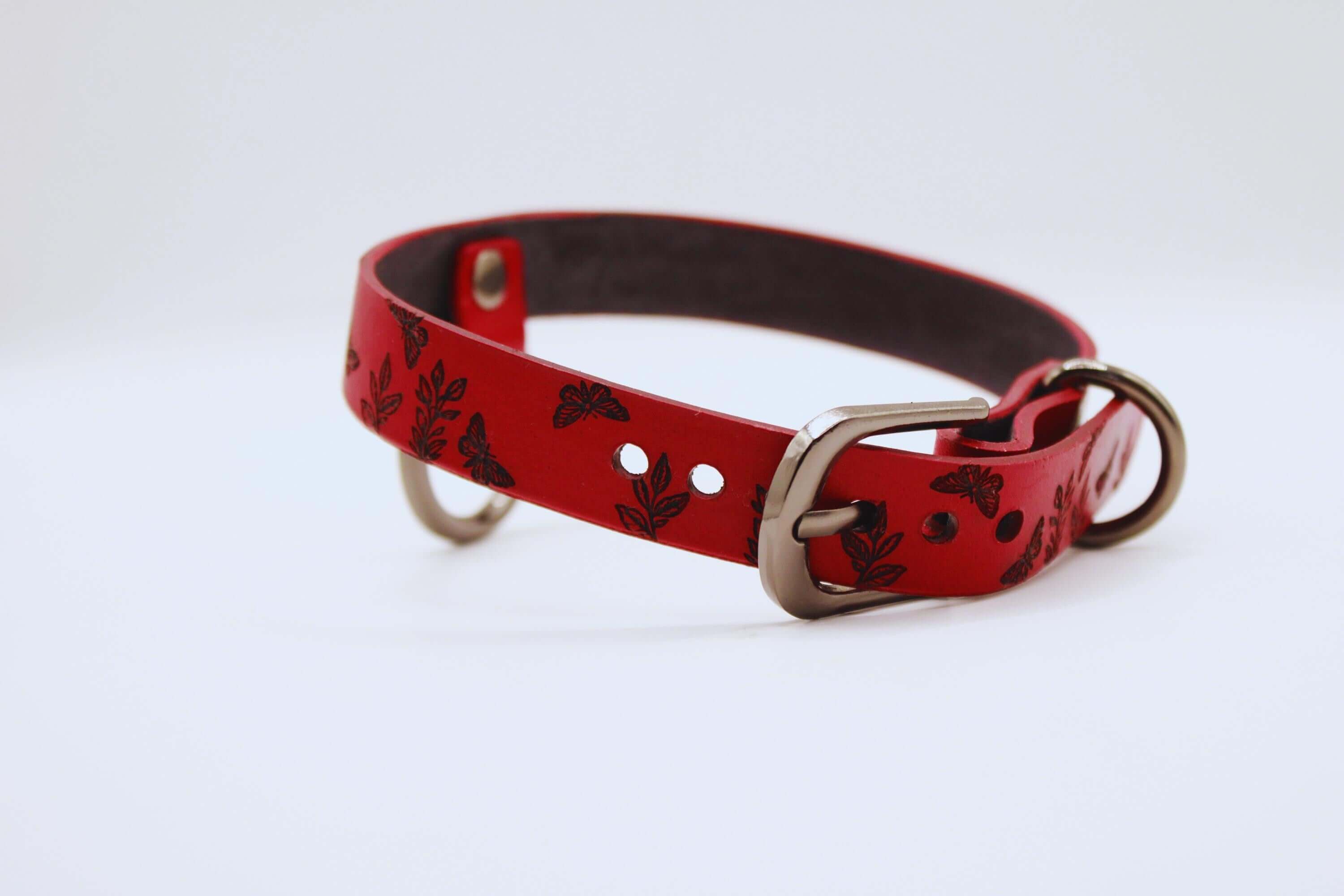 Handmade deep red BDSM collar with butterfly designs for submissive jewelry.