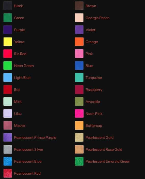 Color chart showcasing various shades including black, red, blue, green, and pearlescent options.
