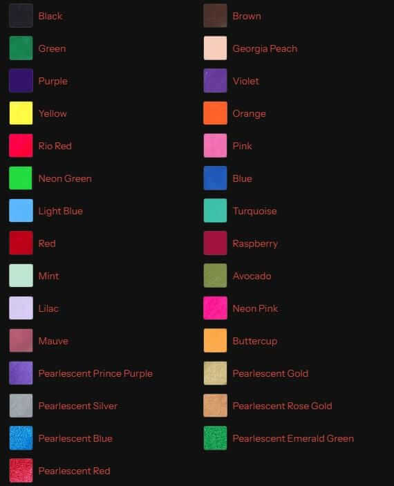 Color swatches displaying various shades including black, blue, pink, and pearlescent colors for creative projects.