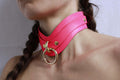 Elegant pink leather BDSM collar with gold ring, perfect discreet submissive day collar for sub play and bondage outfits.