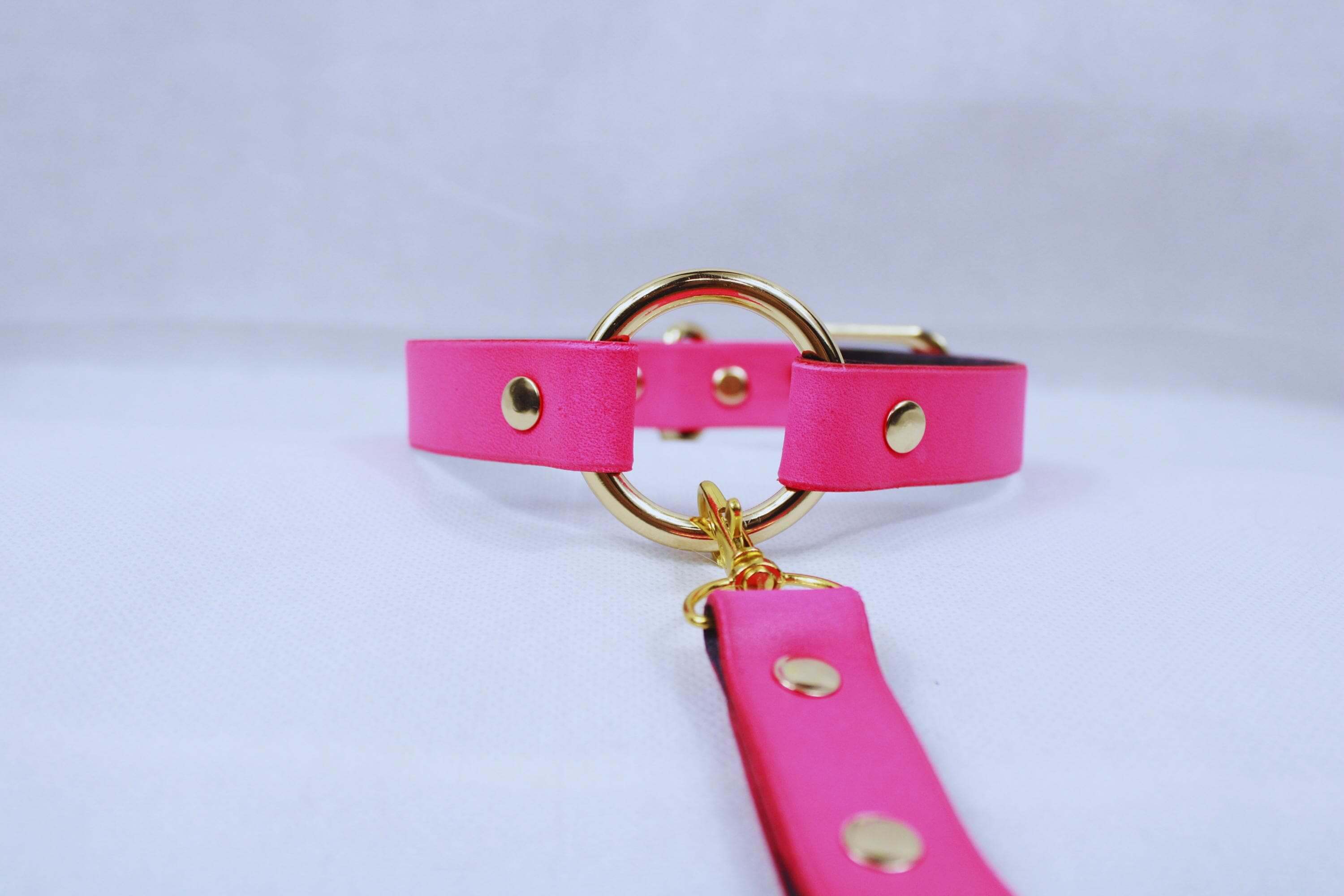 Bdsm collar in vibrant pink with gold hardware, perfect for submissive play and discreet day wear.