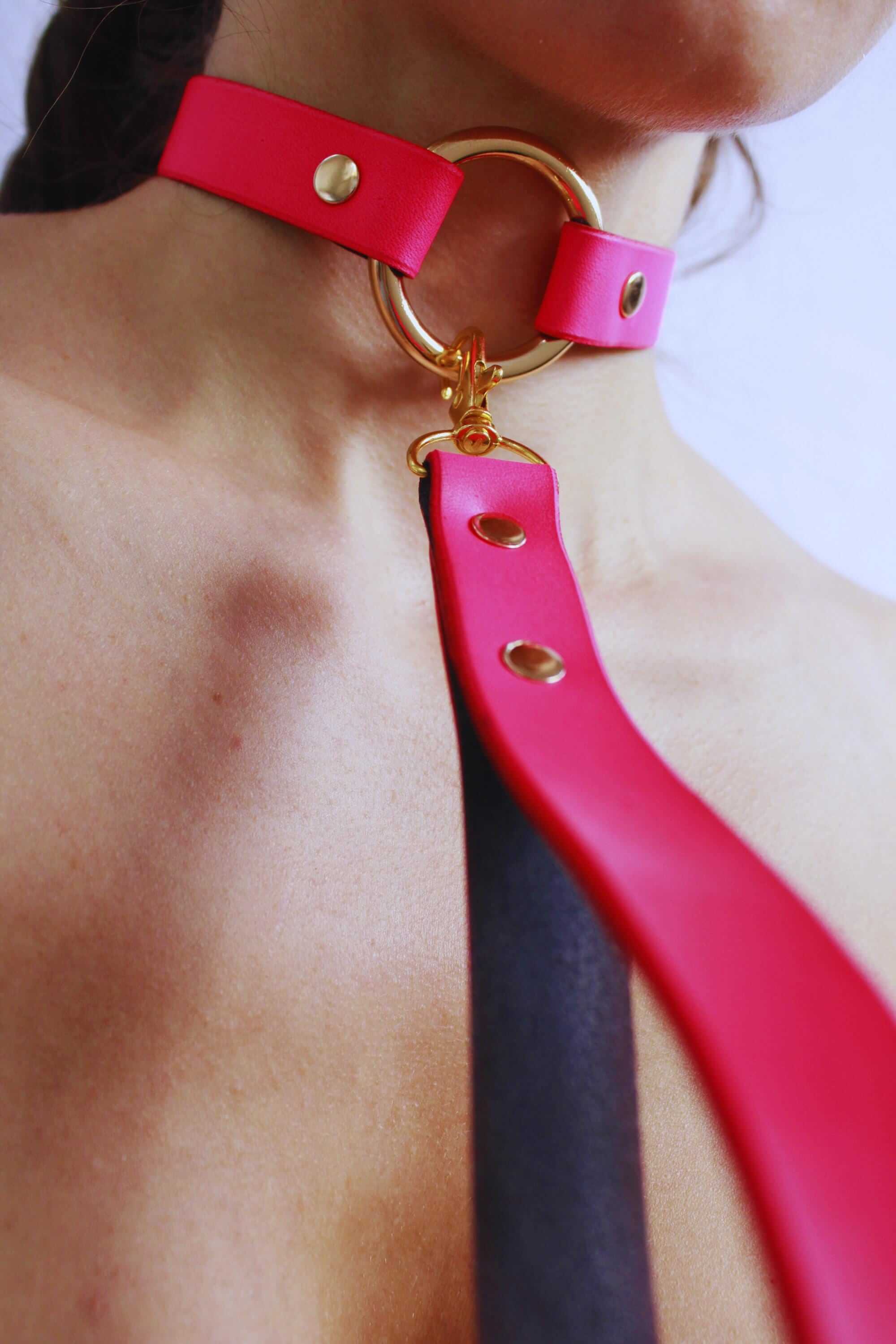 Bdsm collar in Rio Red, leather choker for submissive play, discreet day collar for confident wear.
