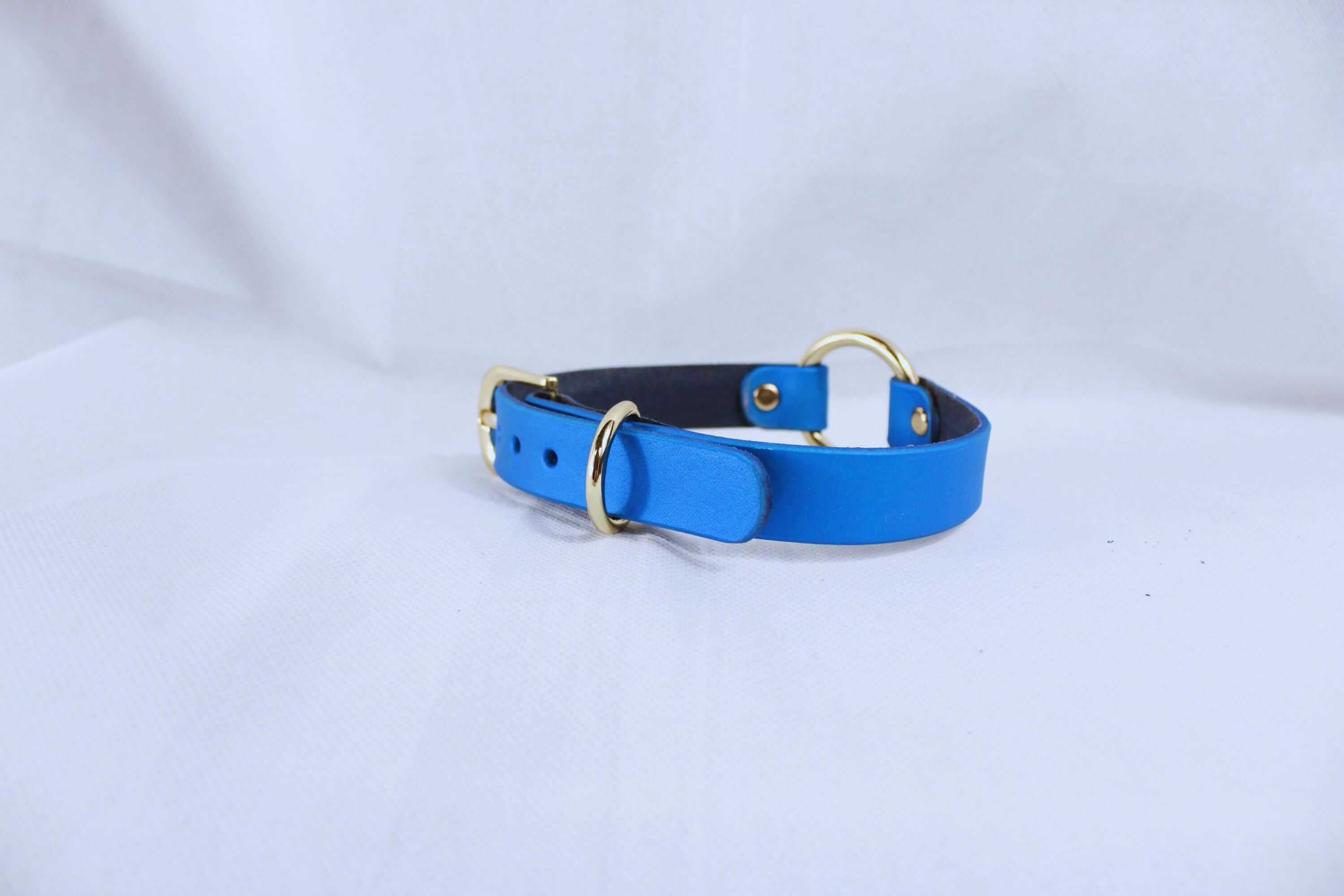 Submissive collar in pearl blue leather with gold hardware; a stylish and discreet BDSM day collar for everyday wear.