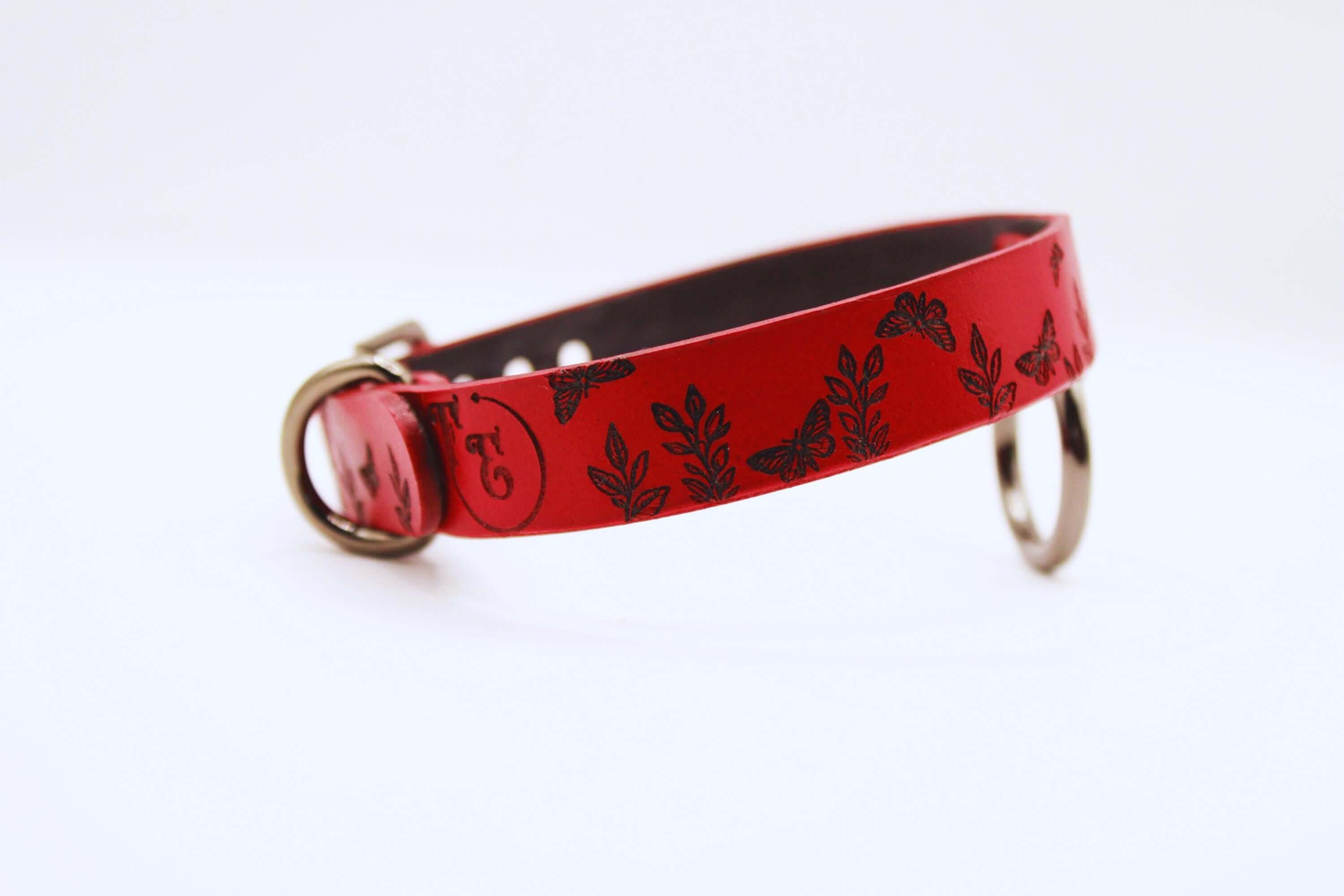 Handmade BDSM Collar, Submissive Collar in deep red leather with butterfly designs, perfect for discreet day wear.