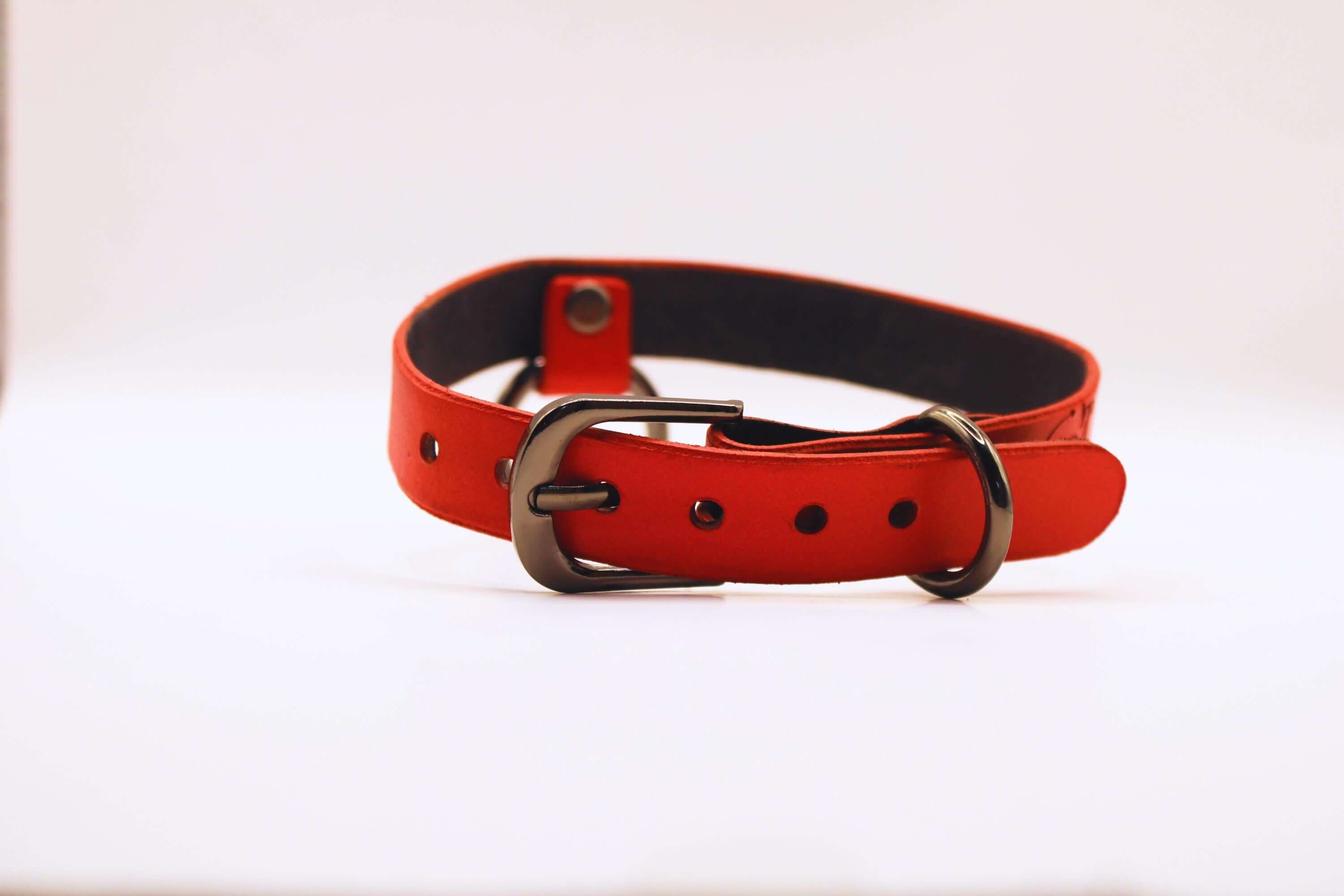 BDSM collar, handcrafted red submissive collar of fire with black accents for discreet day wear.