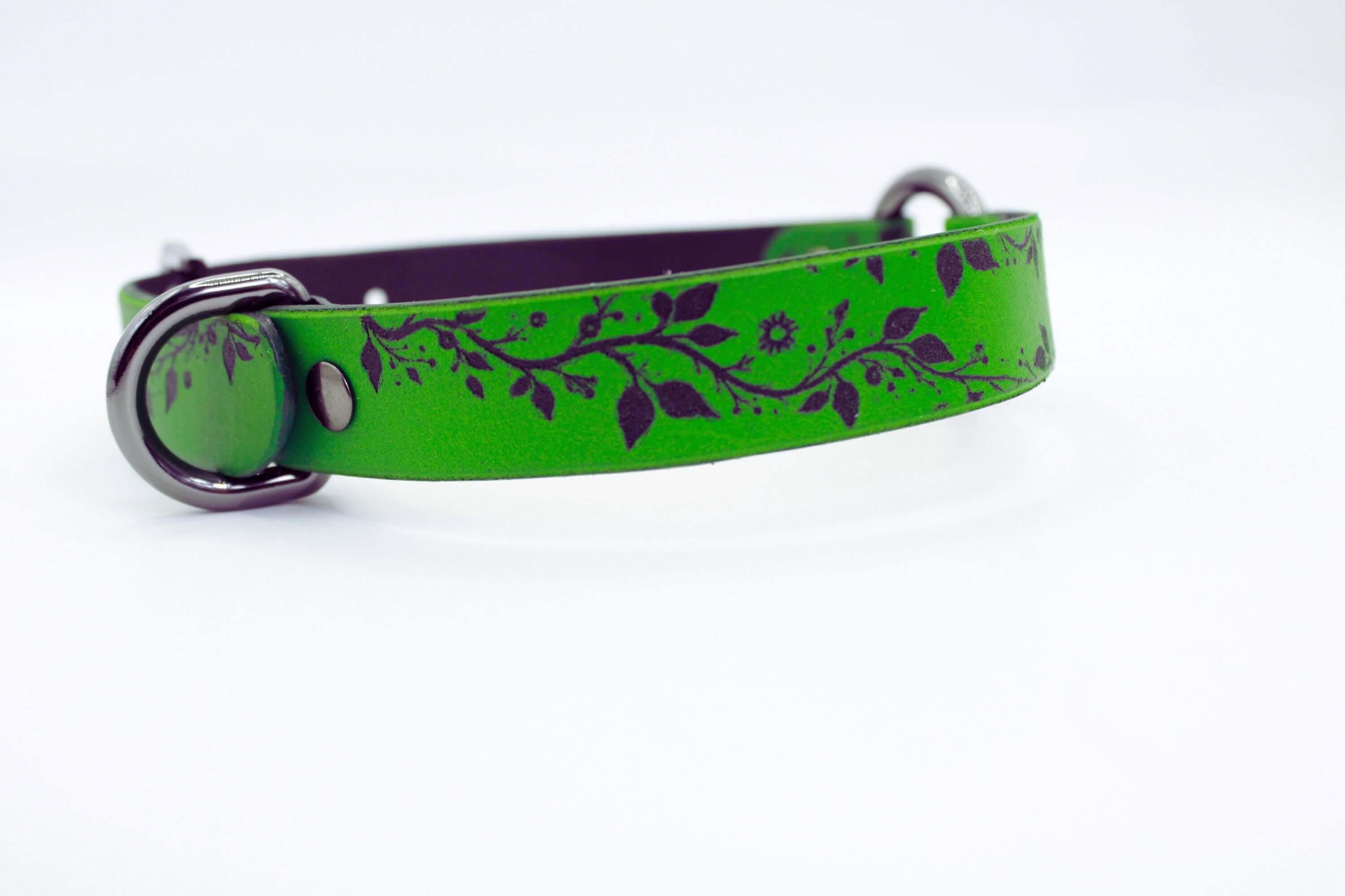 A green dog collar with a floral pattern on it.