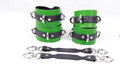 A set of green leather straps with silver buckles and black leather straps, arranged on a white background.