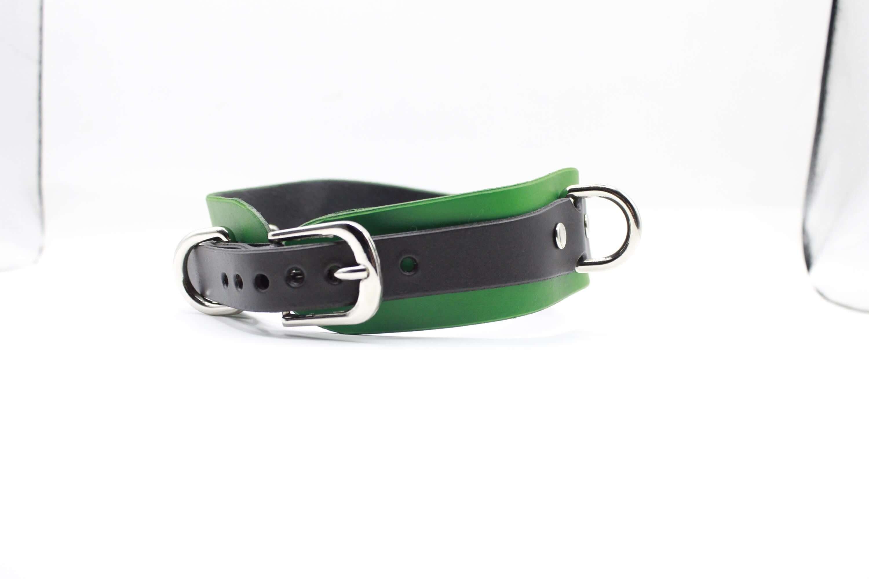 A black and green leather collar with a silver buckle is shown against a white background.