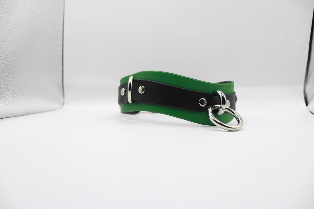 A green and black leather choker necklace with a silver ring and buckle.