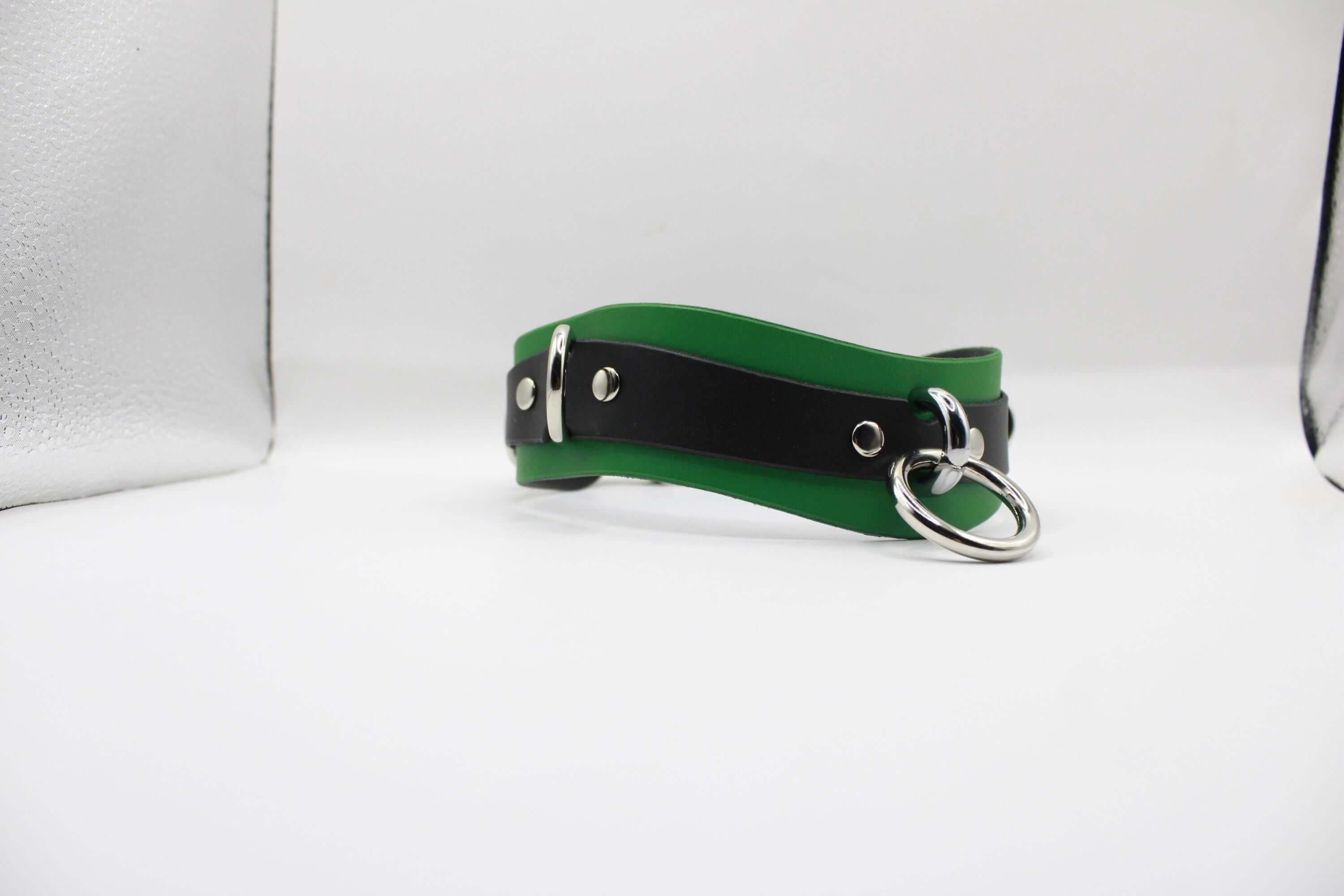 A green and black leather choker necklace with a silver ring and buckle.