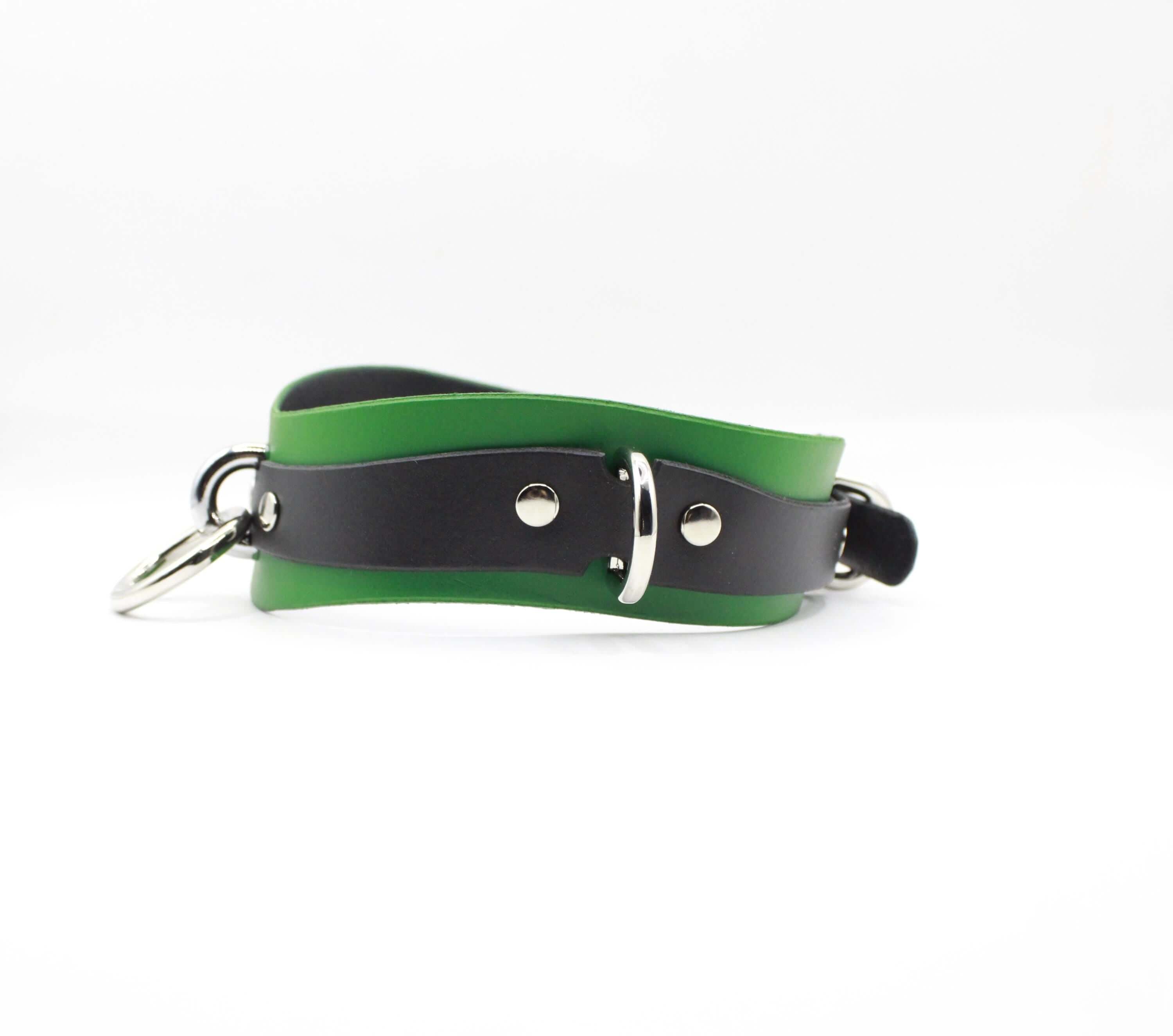 A green and black leather collar with silver hardware, including a buckle and a ring, is shown against a white background.
