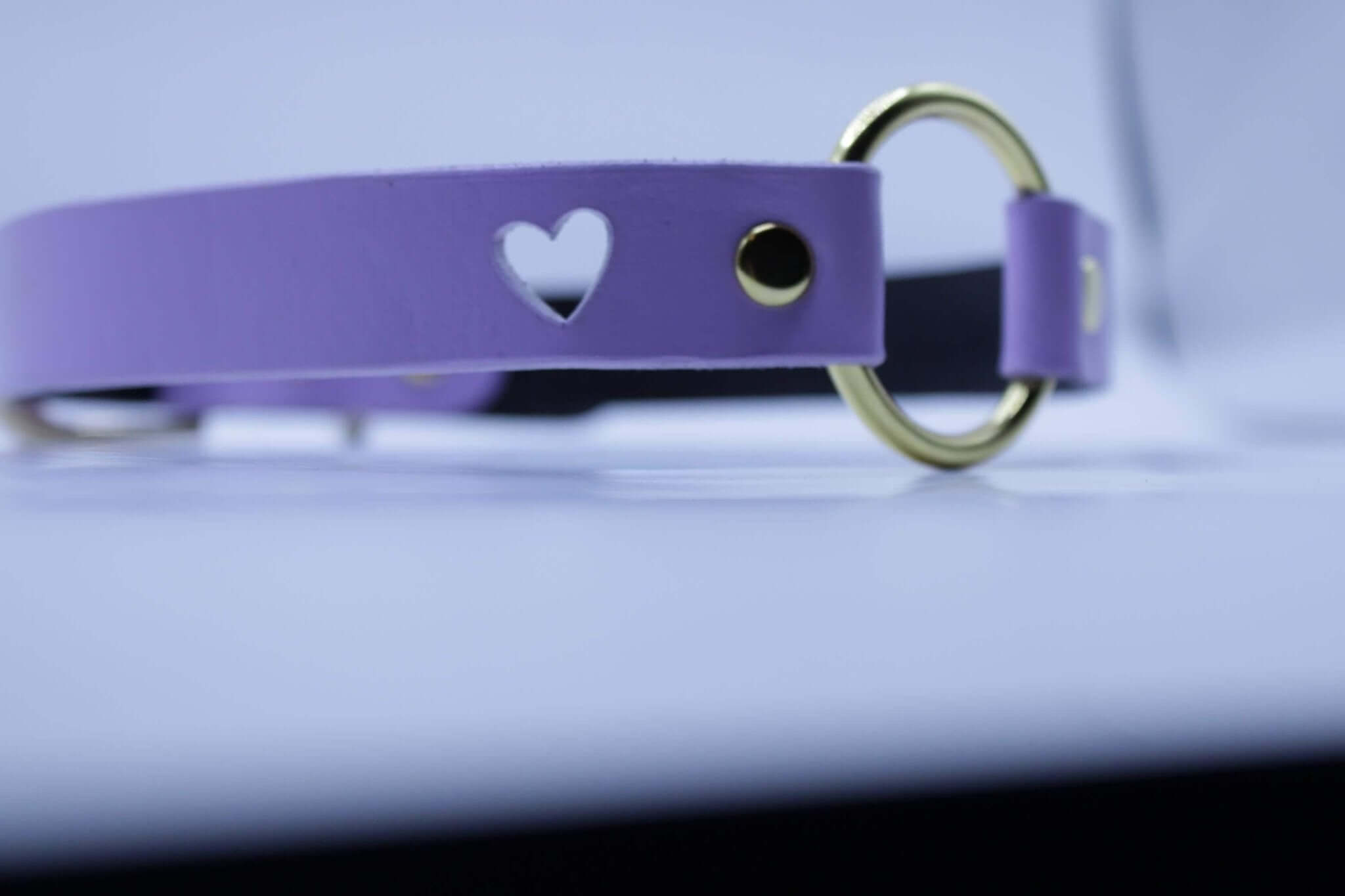 Lilac BDSM collar with heart cutout and gold O-ring, perfect for submissive jewelry and bondage gear.
