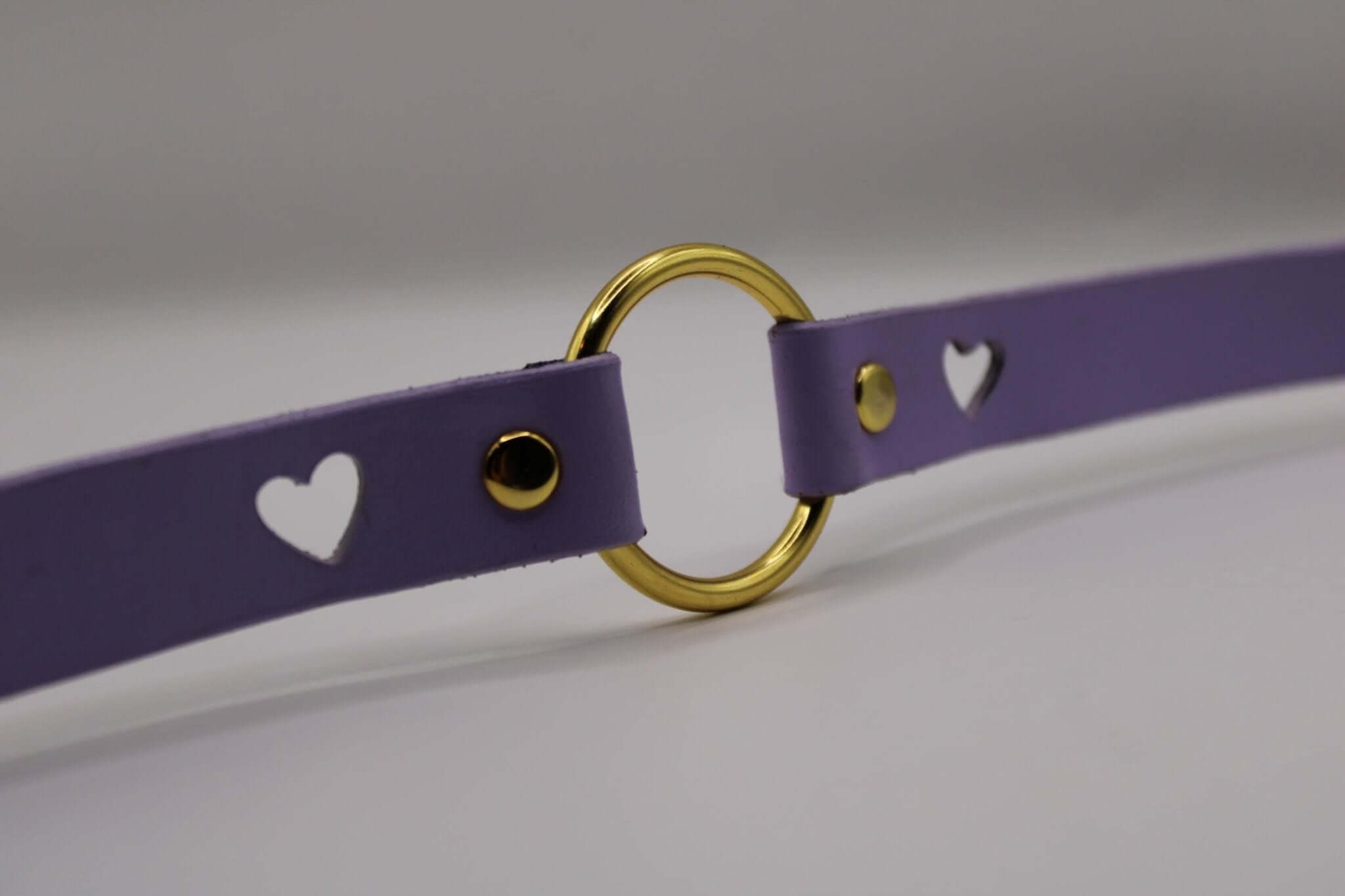 Lilac submissive collar with heart cutouts and gold O-ring, perfect for BDSM and fashion statement.