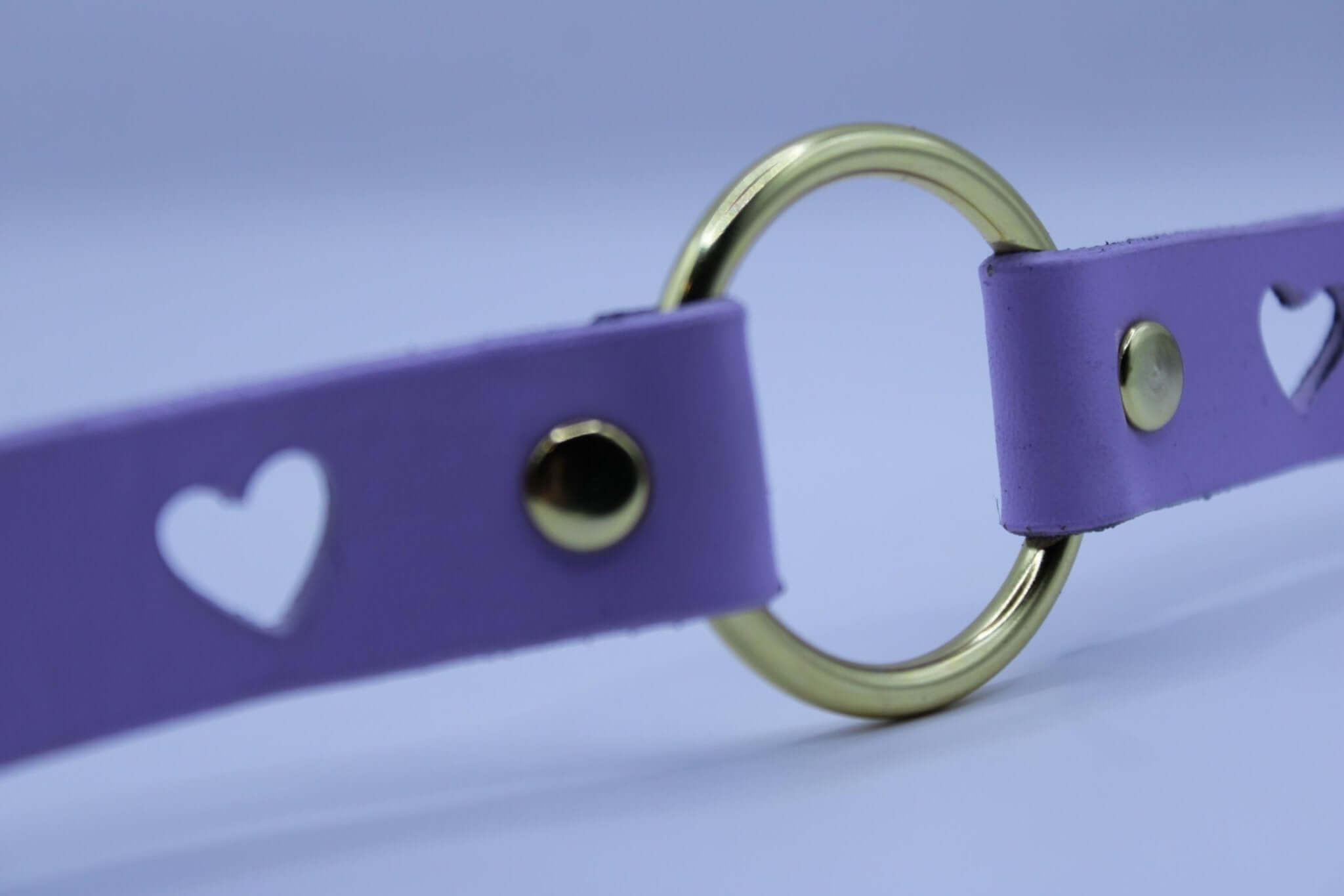 Close-up of lilac BDSM collar with heart cutouts and gold O-ring, perfect for submissive jewelry and bondage gear.