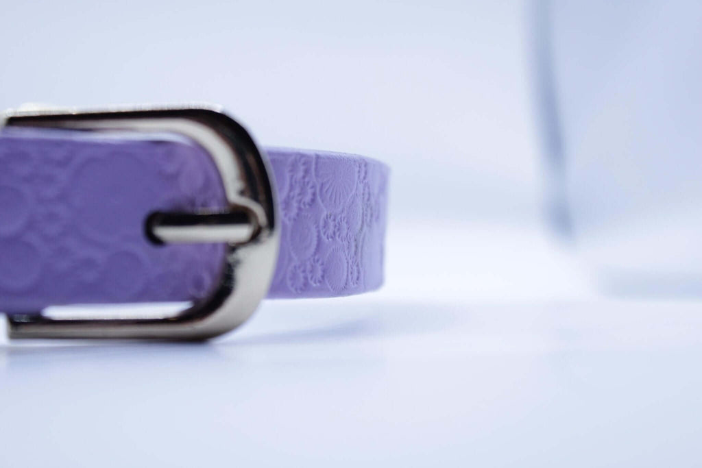 Lilac leather submissive collar with heart cutout detail, ideal for BDSM and discreet day wear.