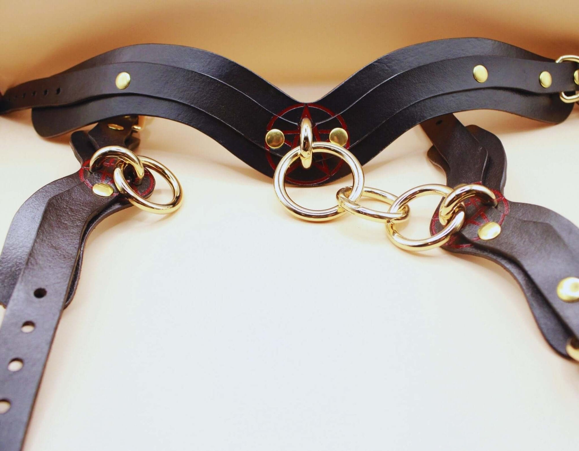 Luxurious leather bondage harness featuring gold rings and adjustable straps for BDSM play and erotic lingerie.