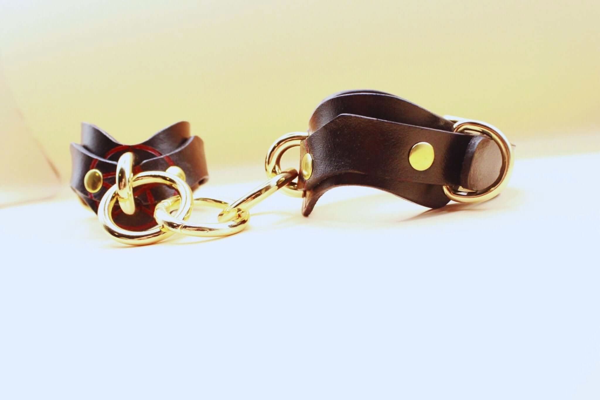 Luxury leather wrist cuffs with gold hardware for BDSM bondage play and submissive styling.