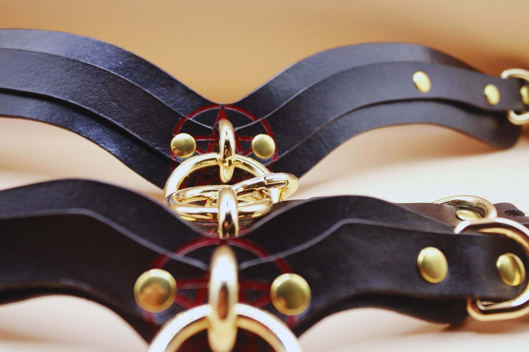 BDSM collar set featuring sleek black leather with gold hardware, ideal for bondage gear and submissive jewelry.