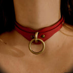 Magenta leather BDSM collar with O-ring, perfect for submissive jewelry and bondage style for empowering looks.