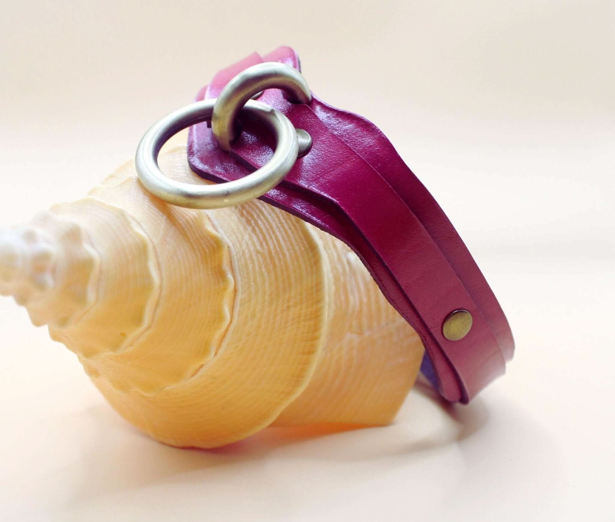 Magenta leather BDSM collar with O-ring and metal accents, perfect for submissive jewelry and bondage gear.