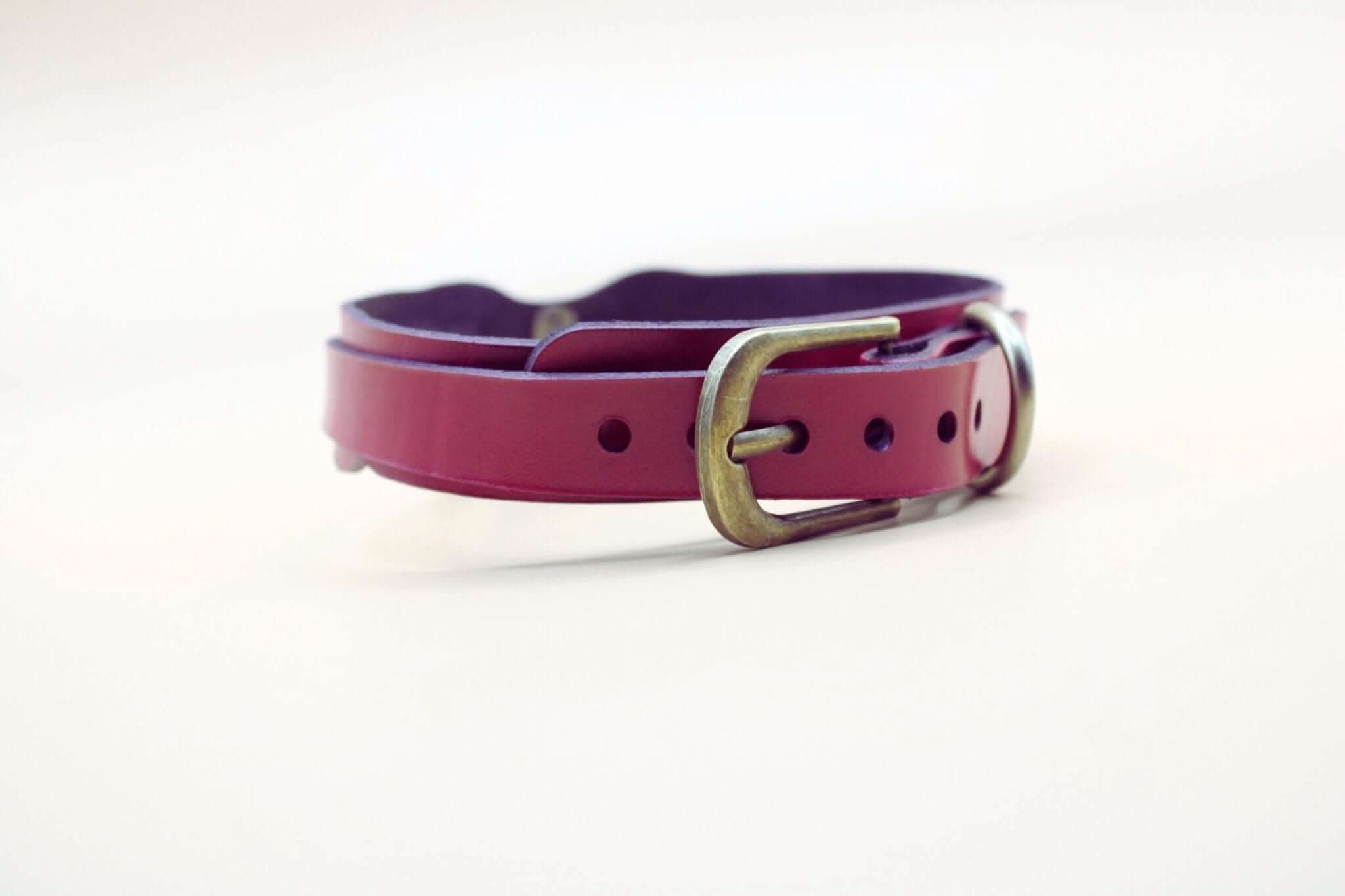 Magenta leather submissive collar with metal buckle, perfect for BDSM, bondage gear, and everyday empowerment.