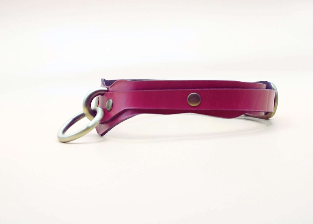 Handcrafted magenta leather BDSM collar with O-ring, perfect for submissive jewelry and bondage gear.