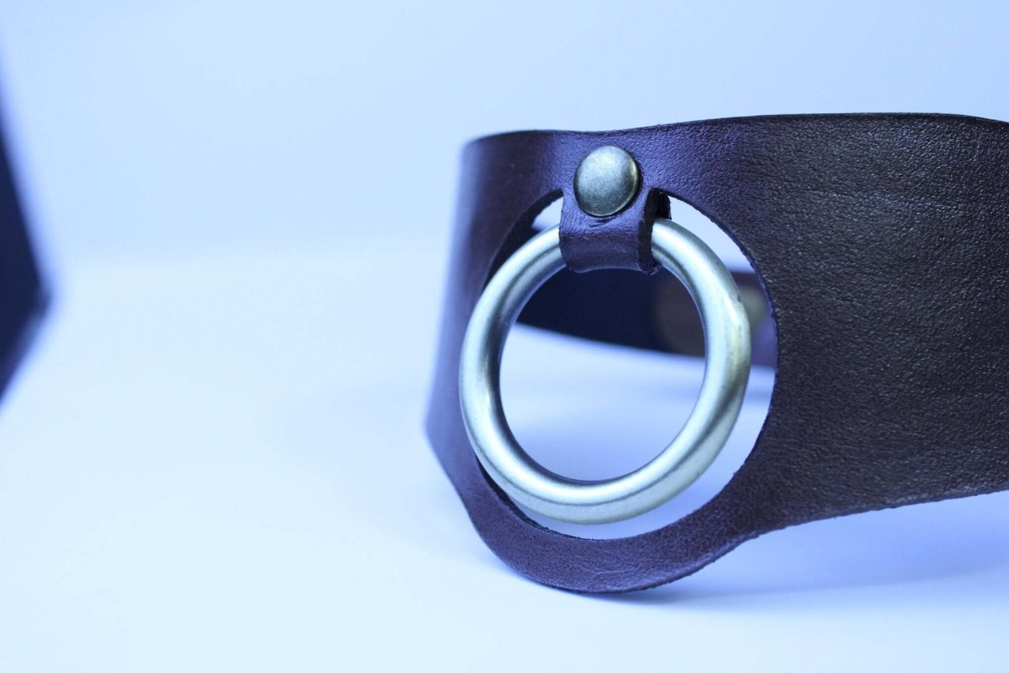 Close-up of a minimalist leather BDSM collar featuring a bold antique O-ring, perfect for submissive jewelry.