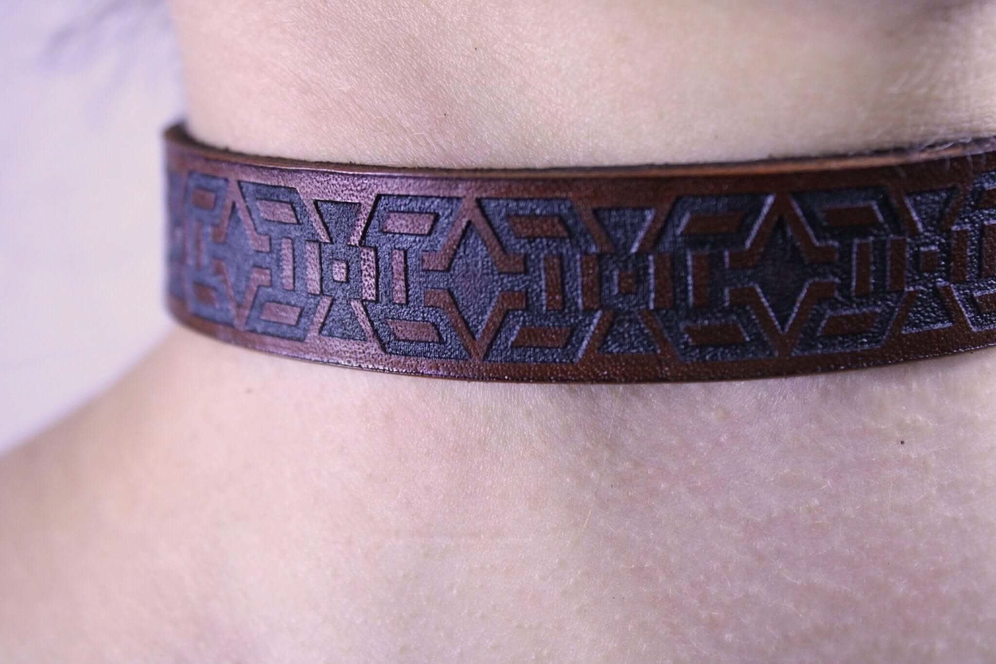 Handmade minimalist BDSM collar with tribal motif, perfect discreet day collar for submissive jewelry and leather lingerie.