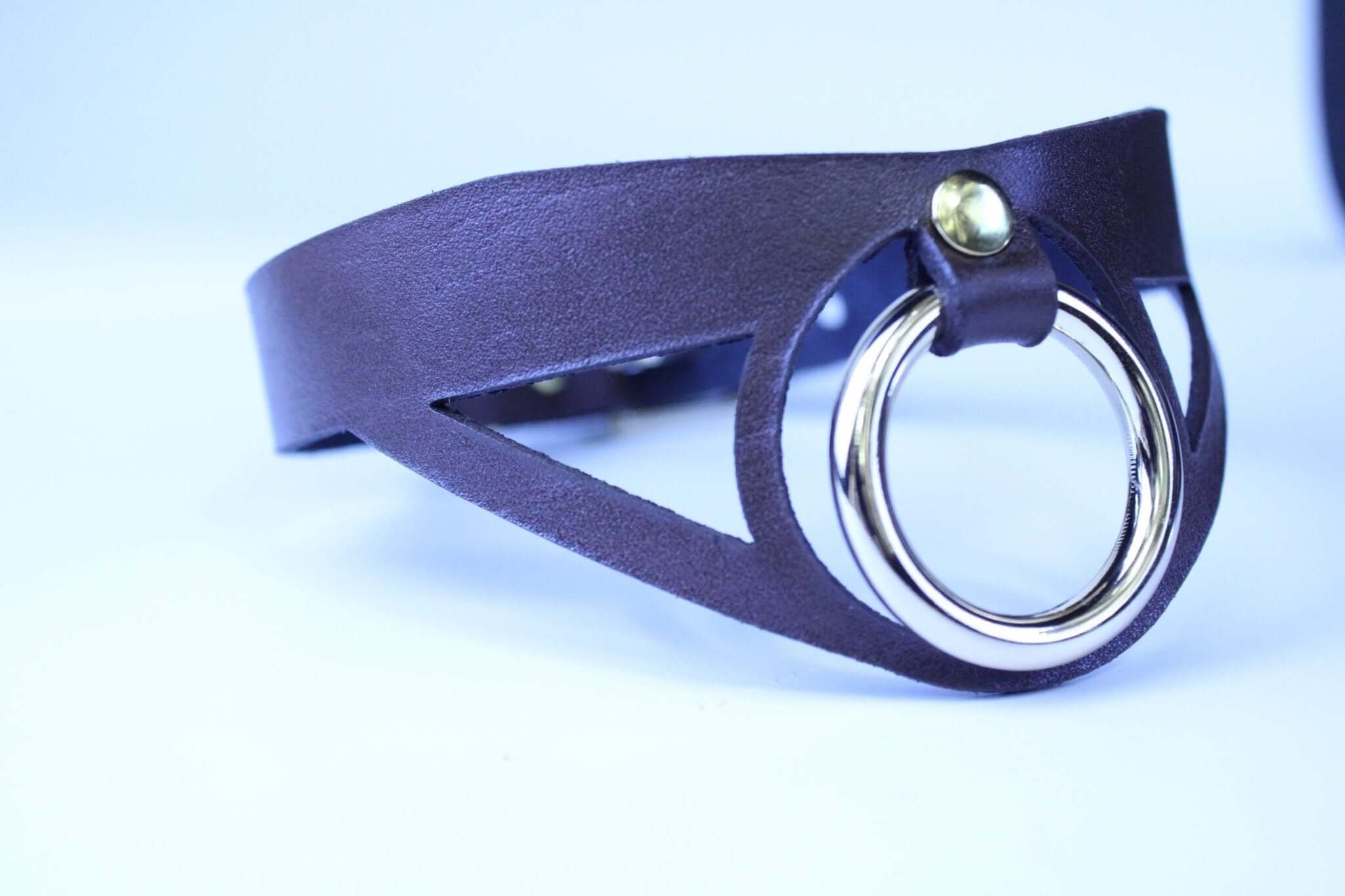 Minimalist leather posture collar with bold O-ring, ideal for BDSM and submissive jewelry lovers.