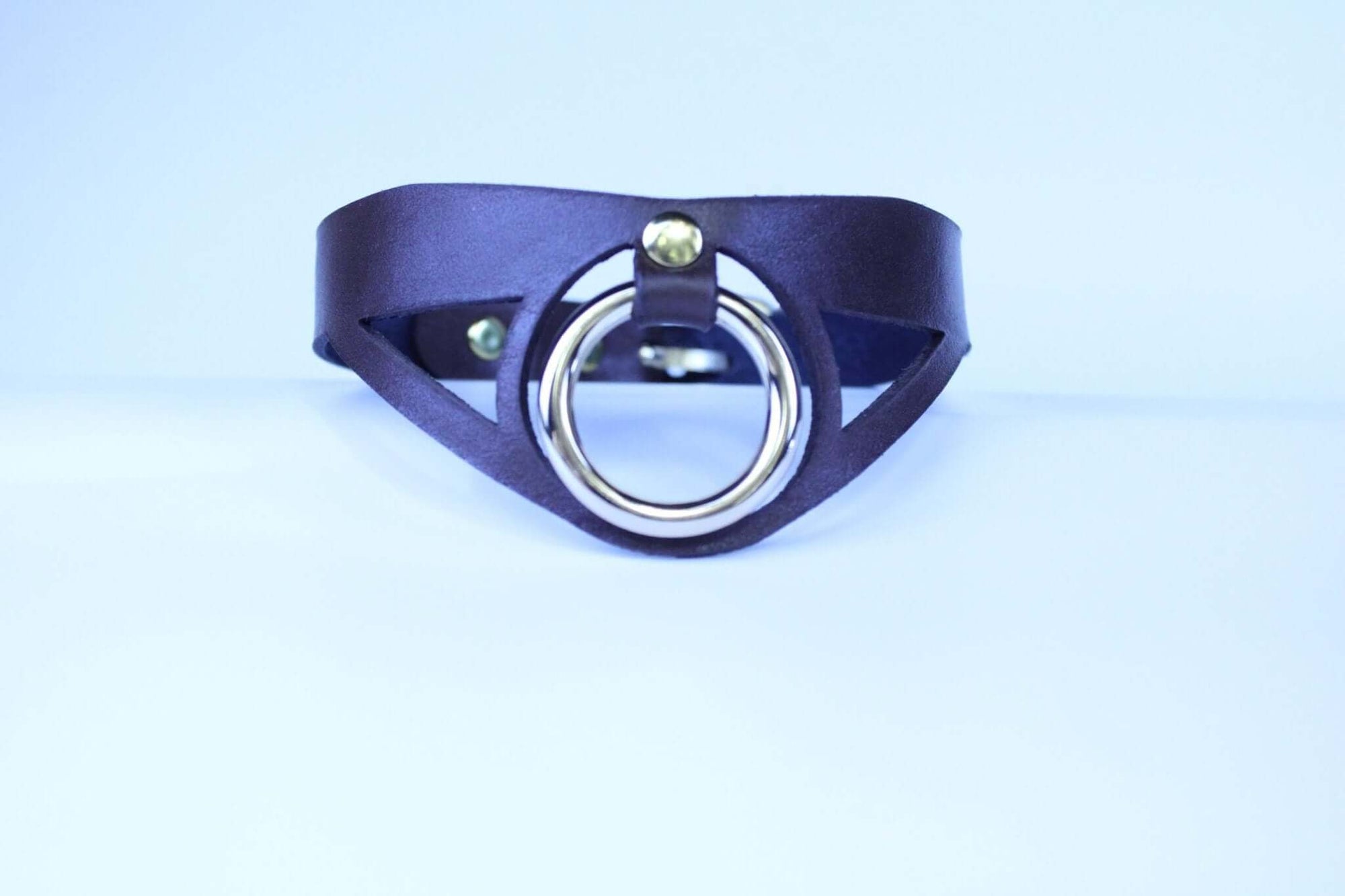 Sleek leather BDSM collar with bold O-ring, perfect for submissive jewelry and posture collar for bondage play.